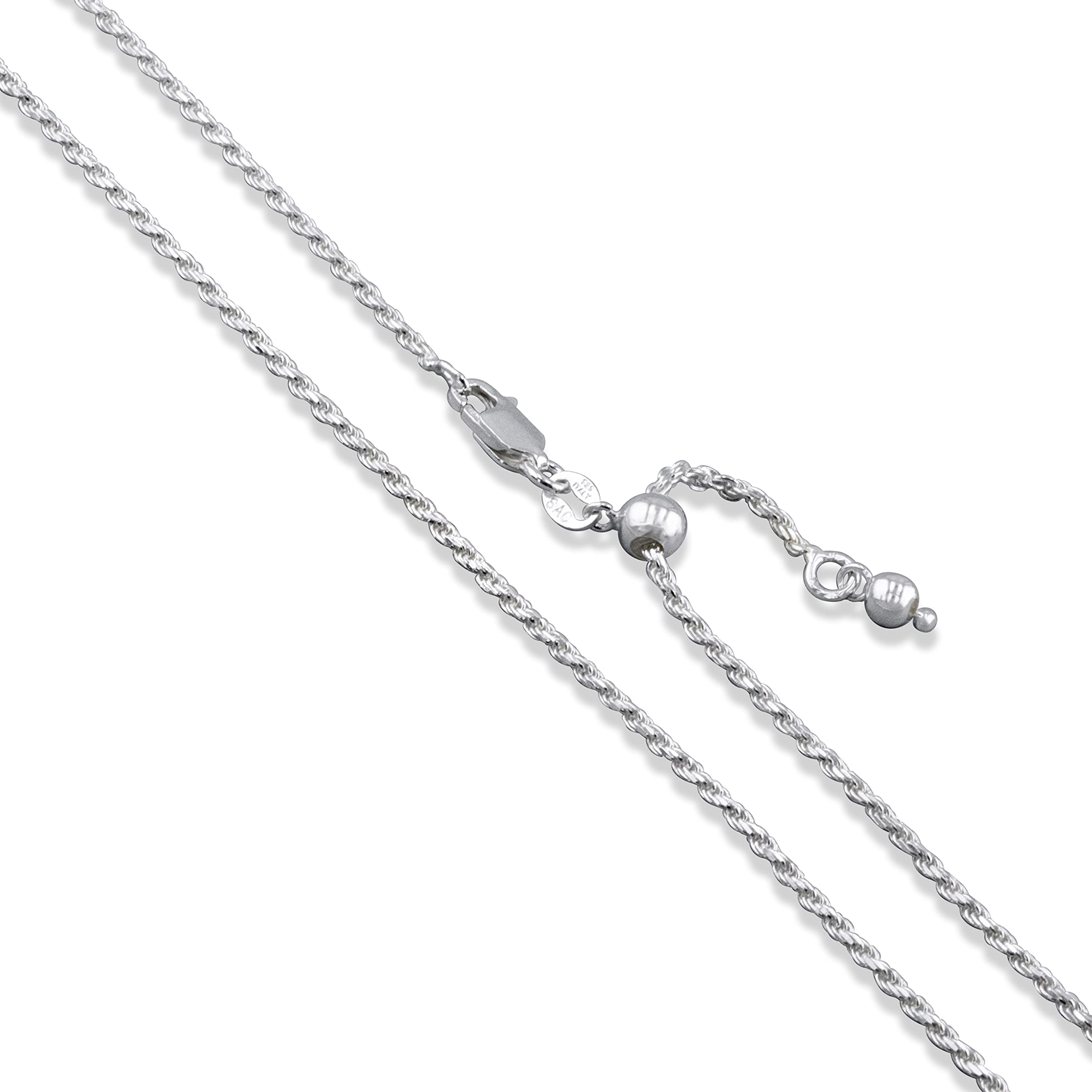 Sterling Silver Adjustable Diamond-Cut Rope Chain 1.7mm Solid 925 Italy New Necklace 22 