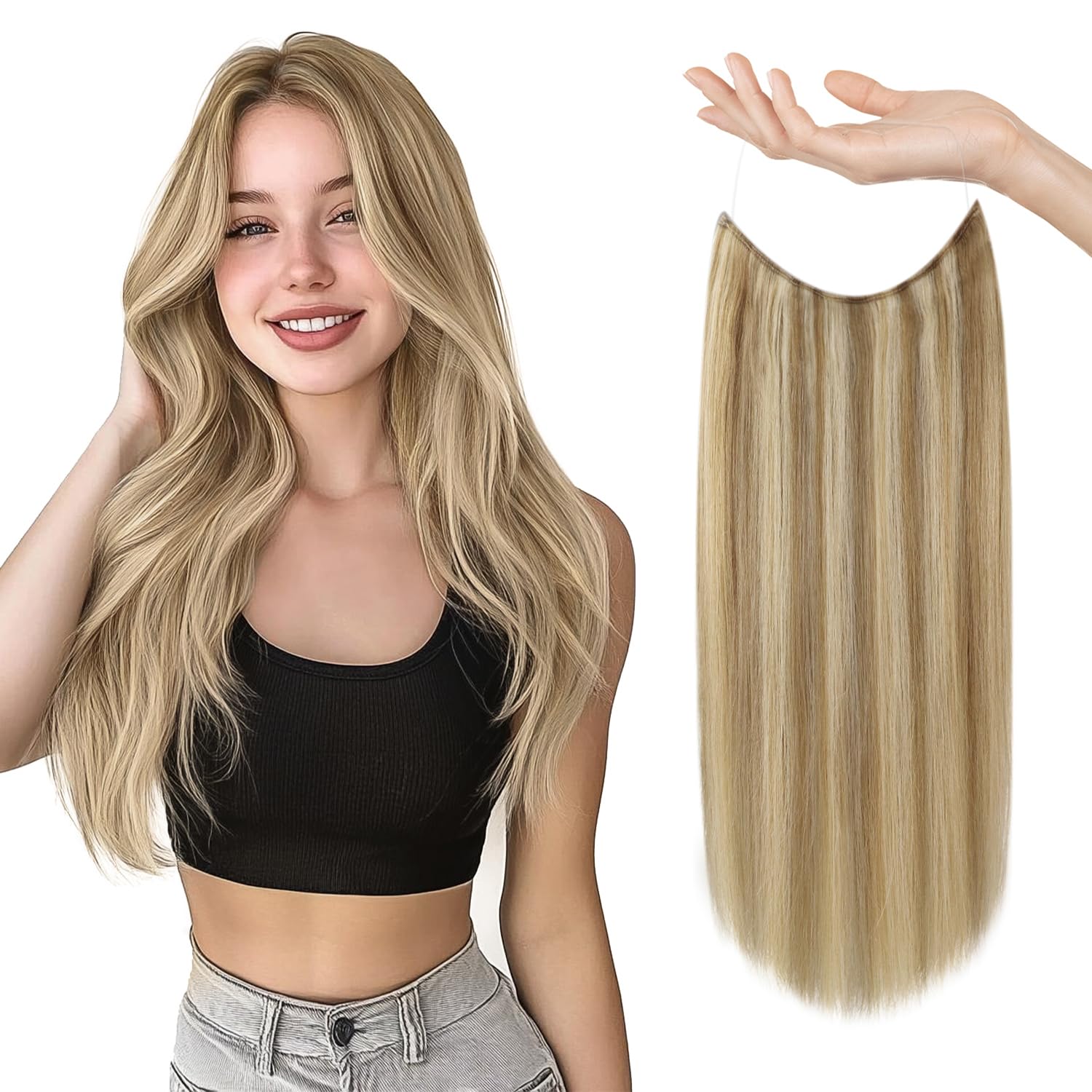 Sunny 95g Wire Hair Extensions Blonde Clip in Hair Extensions Real Human Hair with Transparent Wire Strawberry Blonde Highlights