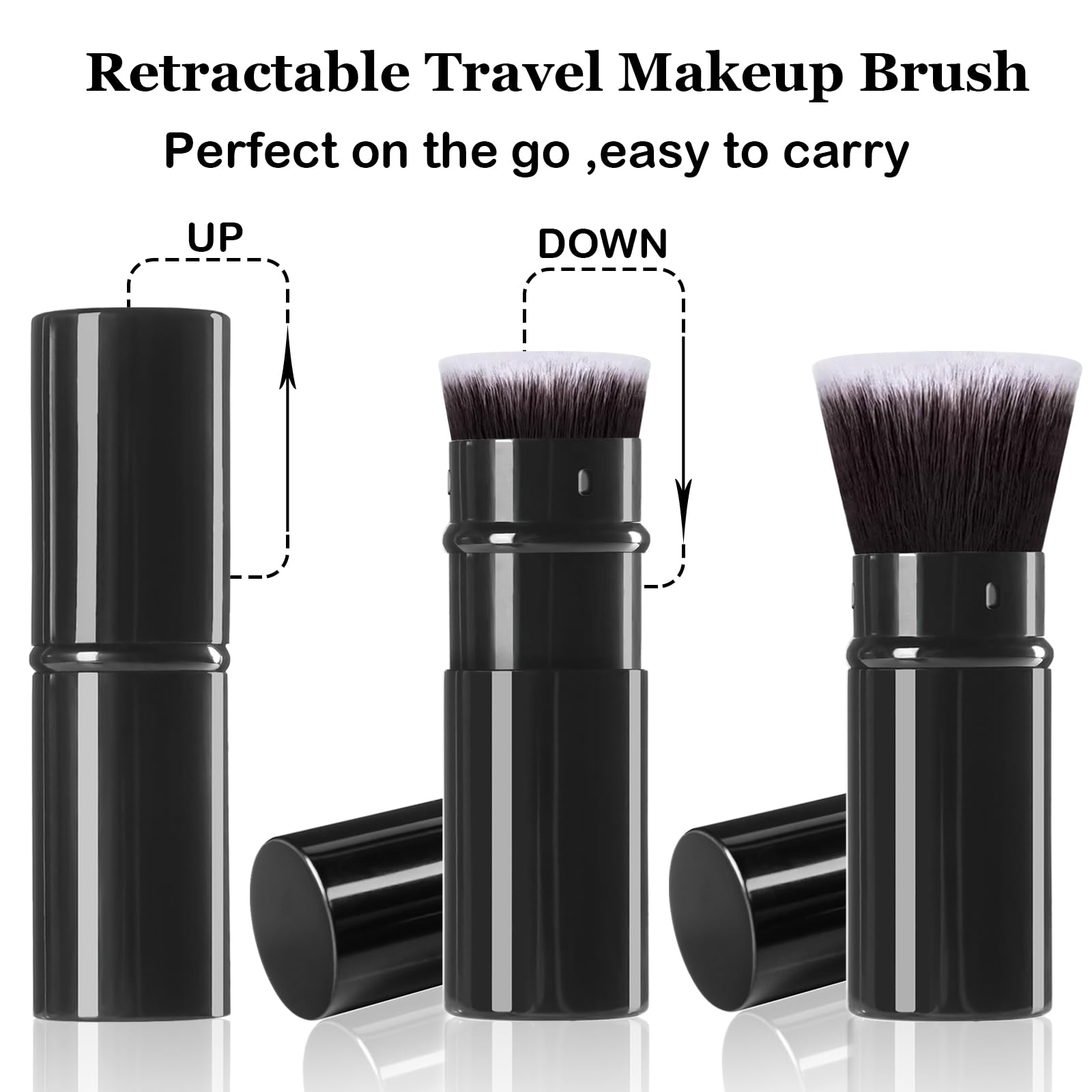 Keriloo Retractable Makeup Brush 2 Pack - Travel Kabuki Brushes for Liquid, Blush, Bronzer - Black, Aluminum & Synthetic Fibers, Model M-2YP-H