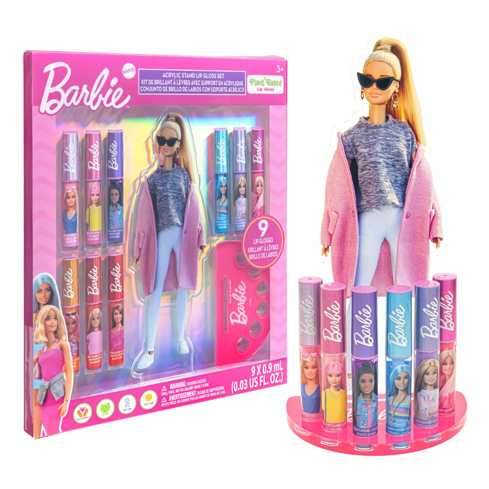Barbie Lip Gloss with Acrylic Stand for Storage and Display, Plant Based Lip Gloss, Perfect for Parties, Sleepovers, Makeovers, 