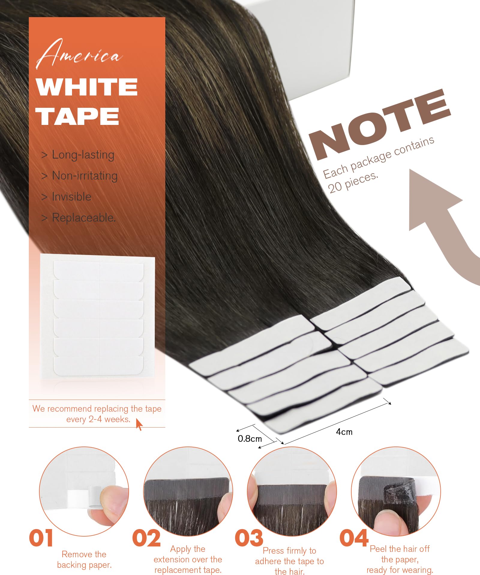 Sunny Hair Tape in Hair Extensions Real Human Hair Invisible Remy Hair Extensions Tape ins for Women Darkest Brown Ombre Medium