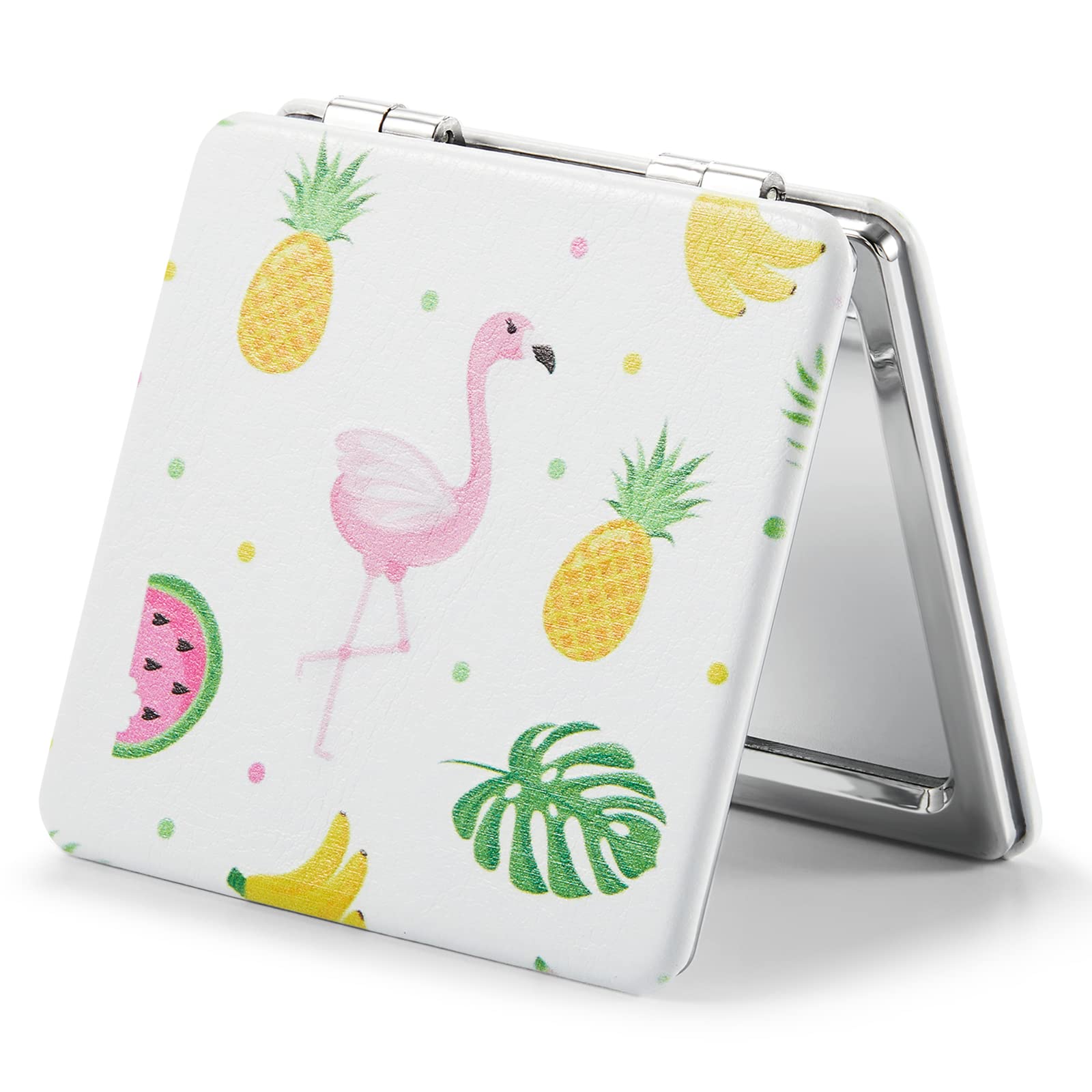 Omiro 1X/3X Magnifying Mirror, Unique Painting Compact Mirror With Classical Pu Leather (Flamingo And Tropical Print)