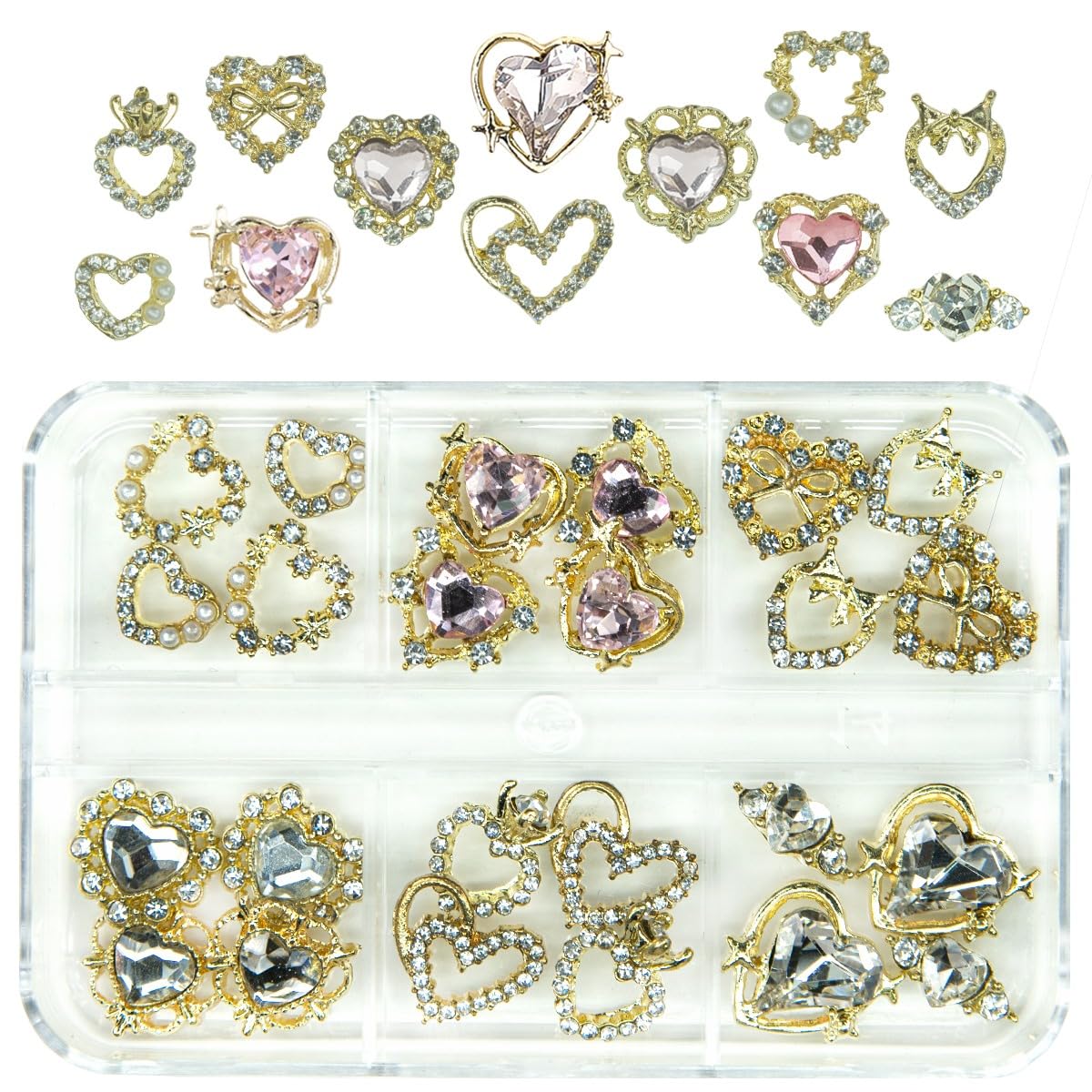 24pcs Heart Nail Charms Luxury Alloy Charms for Nails, qiipii 12 Pair 3D Gold Nail Art Rhinestones Nail Gems Golden Nail Crystal