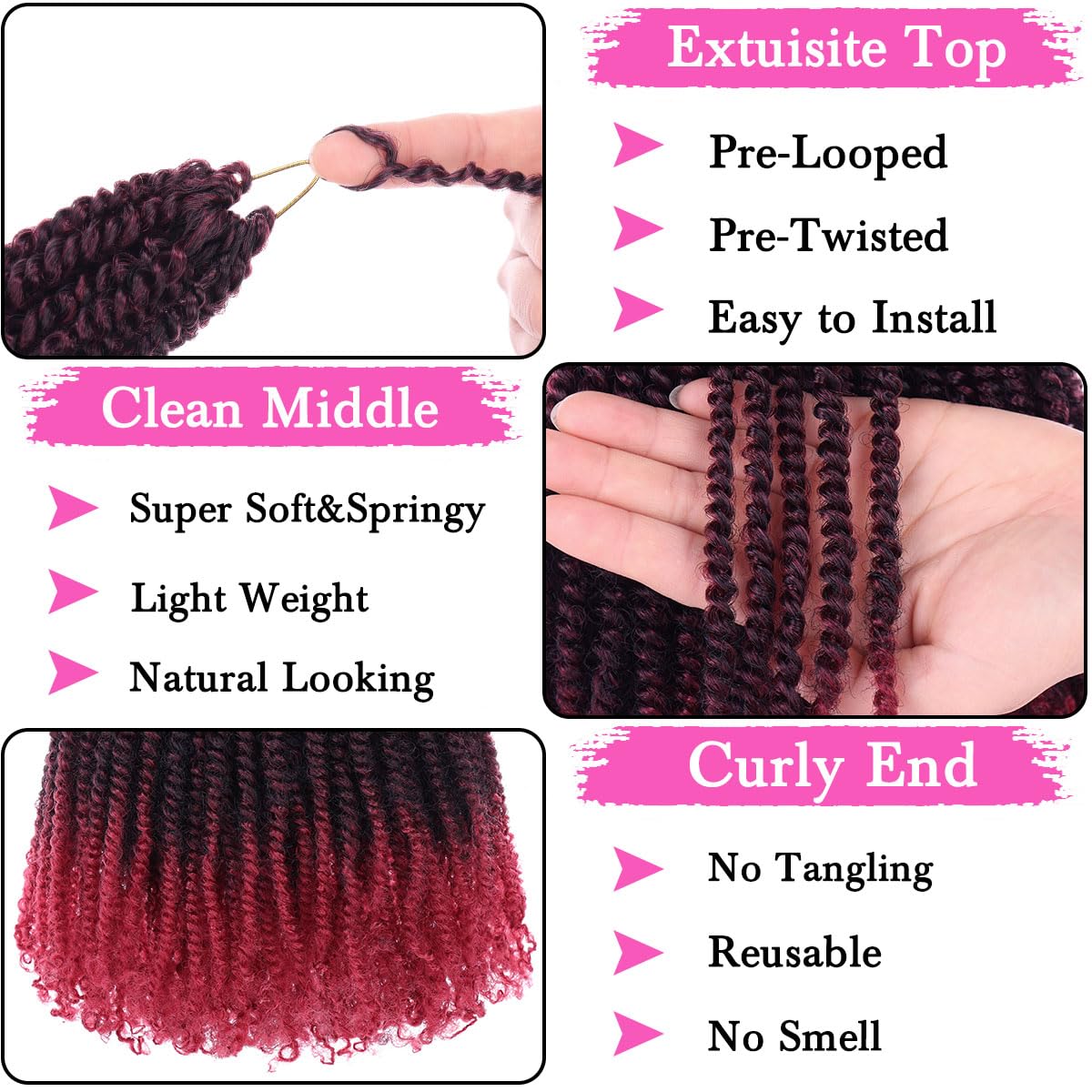 Cookoo 12 Inch Pre-Looped Micro Twist Crochet Hair 8 Packs Ombre Red Mini Pre-Twisted Passion Twist Hair Mini Senegalese Twist C