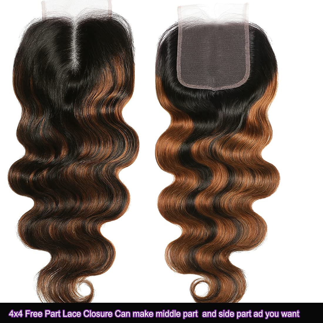 Unice Brown Highlight Body Wave Human Hair 3 Bundles With 4X4 Lace Closure, Fb30 Color 18 20 20+16 Closure, Brazilian Remy Hair