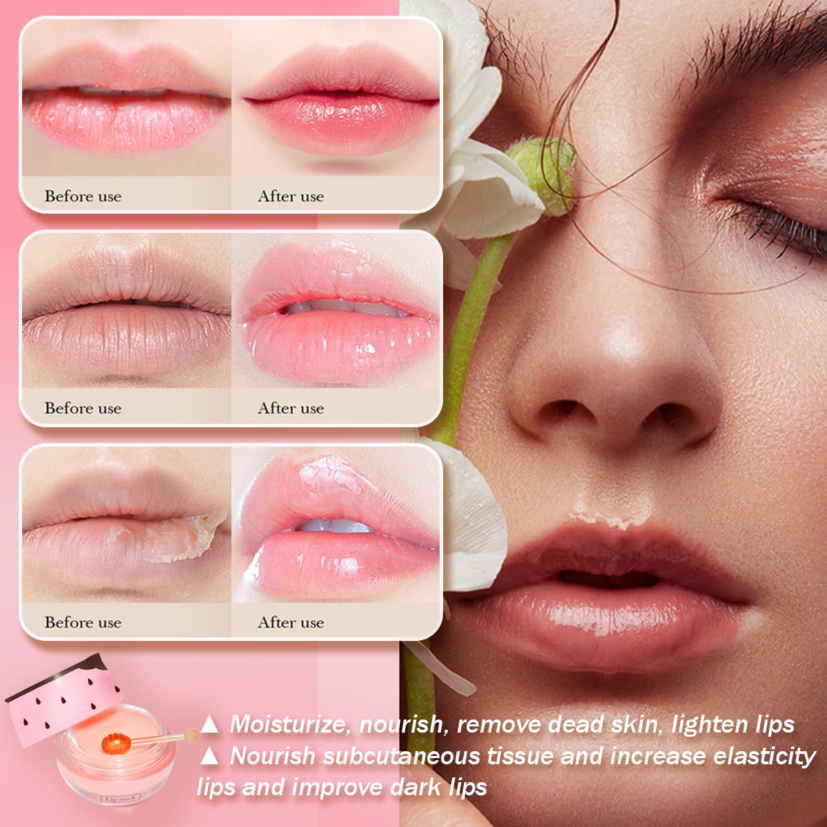 4 Pcs Honey Lip Balm, Strawberry Apple Watermelon Lip Mask, Moisturizing Lip Sleeping Mask, Hydrate Repair Prevent Dry Cracked L