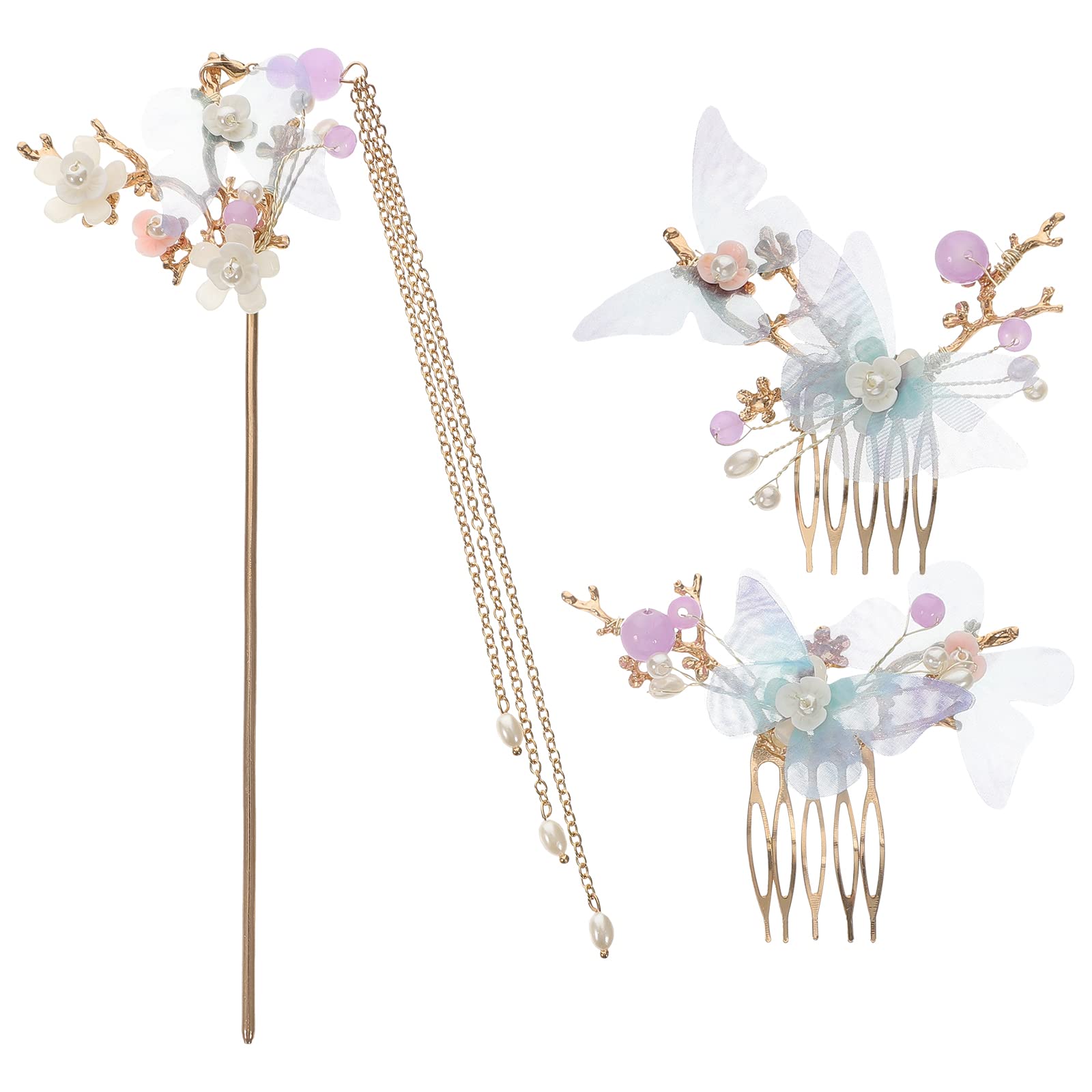 Minkissy Chinese Hair Accessories Hair Sticks With Chain Chinese Hanfu Hair Pins Side Comb Cherry Blossom Headpiece For Women Gi