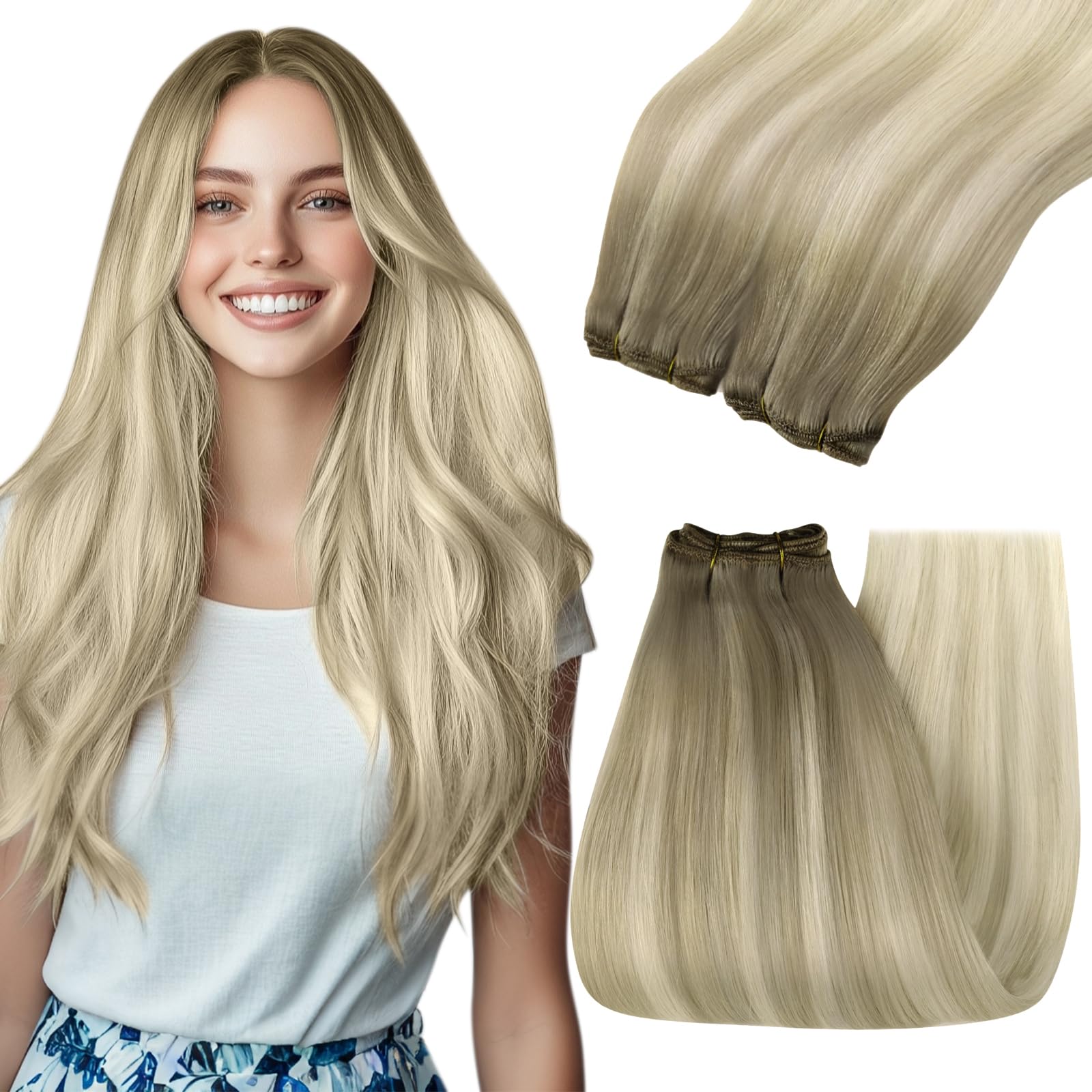 YoungSee 100g 14inch Sew in Hair Extensions Real Human Hair Ombre Human Hair Weft Extensions Medium Brown Fading to Brown Mix Pl