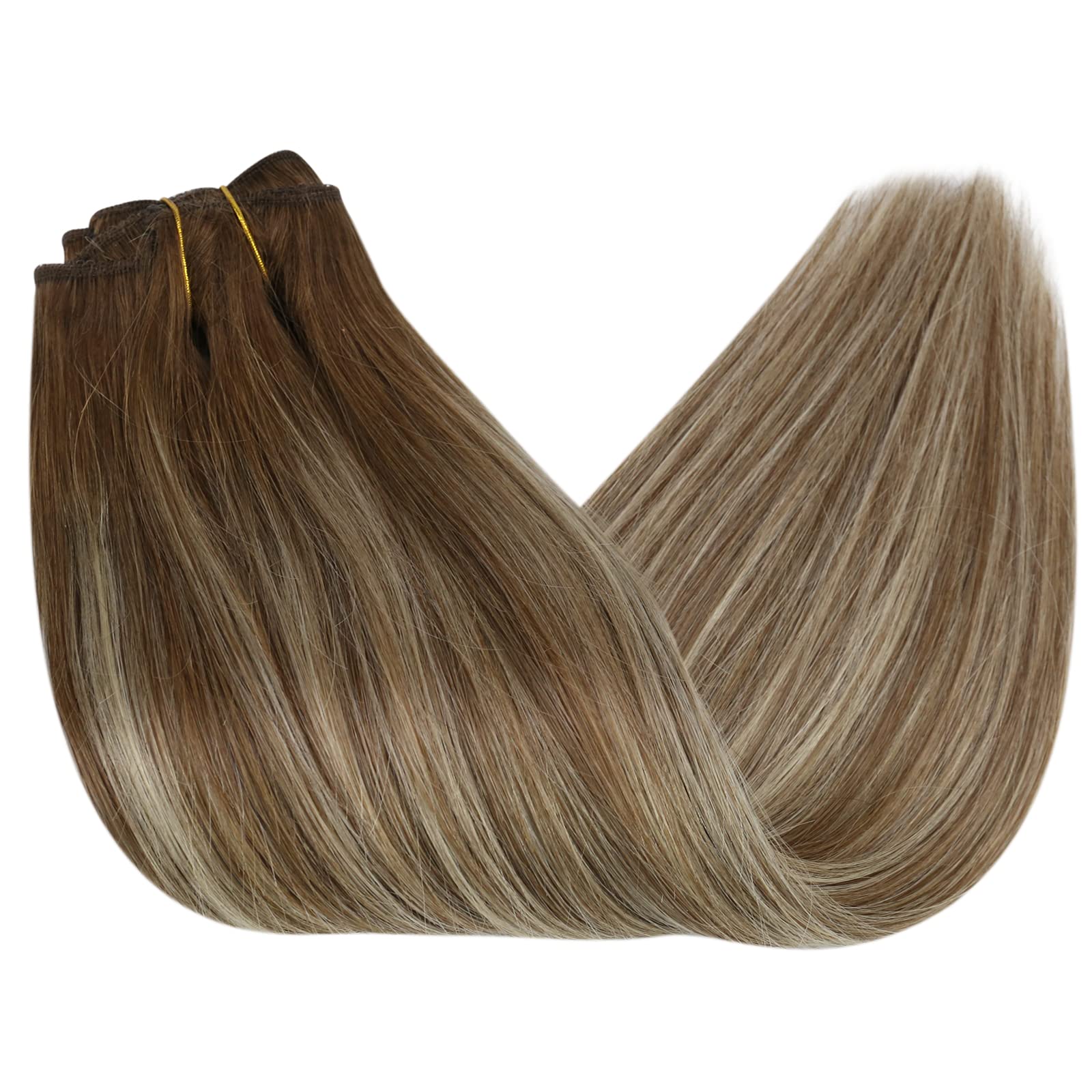Sunny Human Hair clip in Hair Extensions Balayage Brown Blonde clip in Human Hair Extensions Medium Brown Balayage Platinum Blon