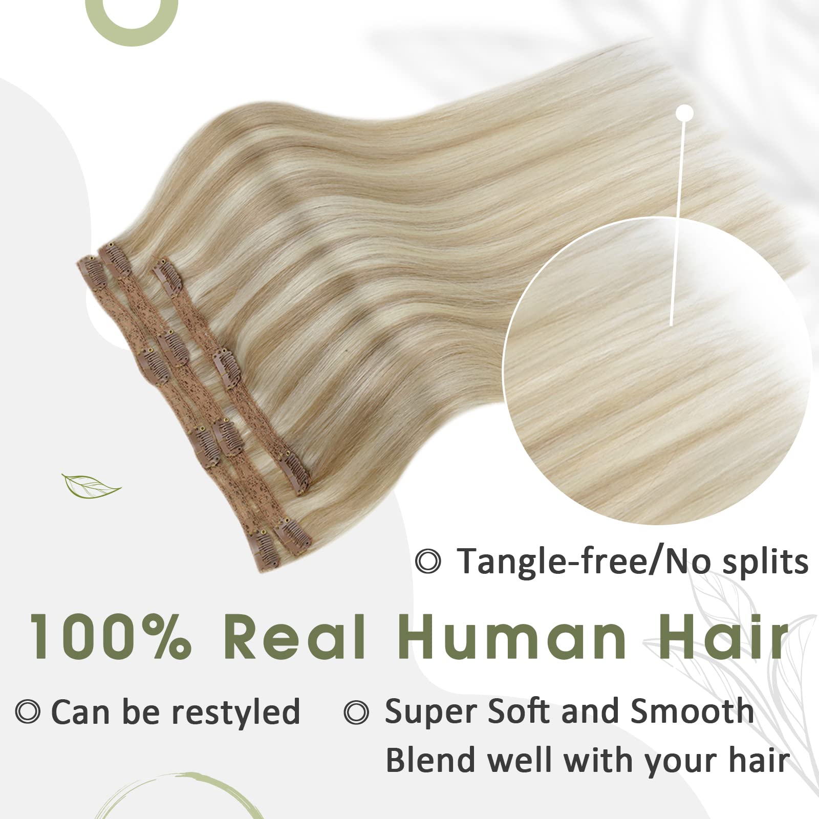 Runature Clip In Human Hair Extensions Ash Blonde Highlights Clip In Hair Extensions 16 Inch 50G Straight Clip In Hair Extension