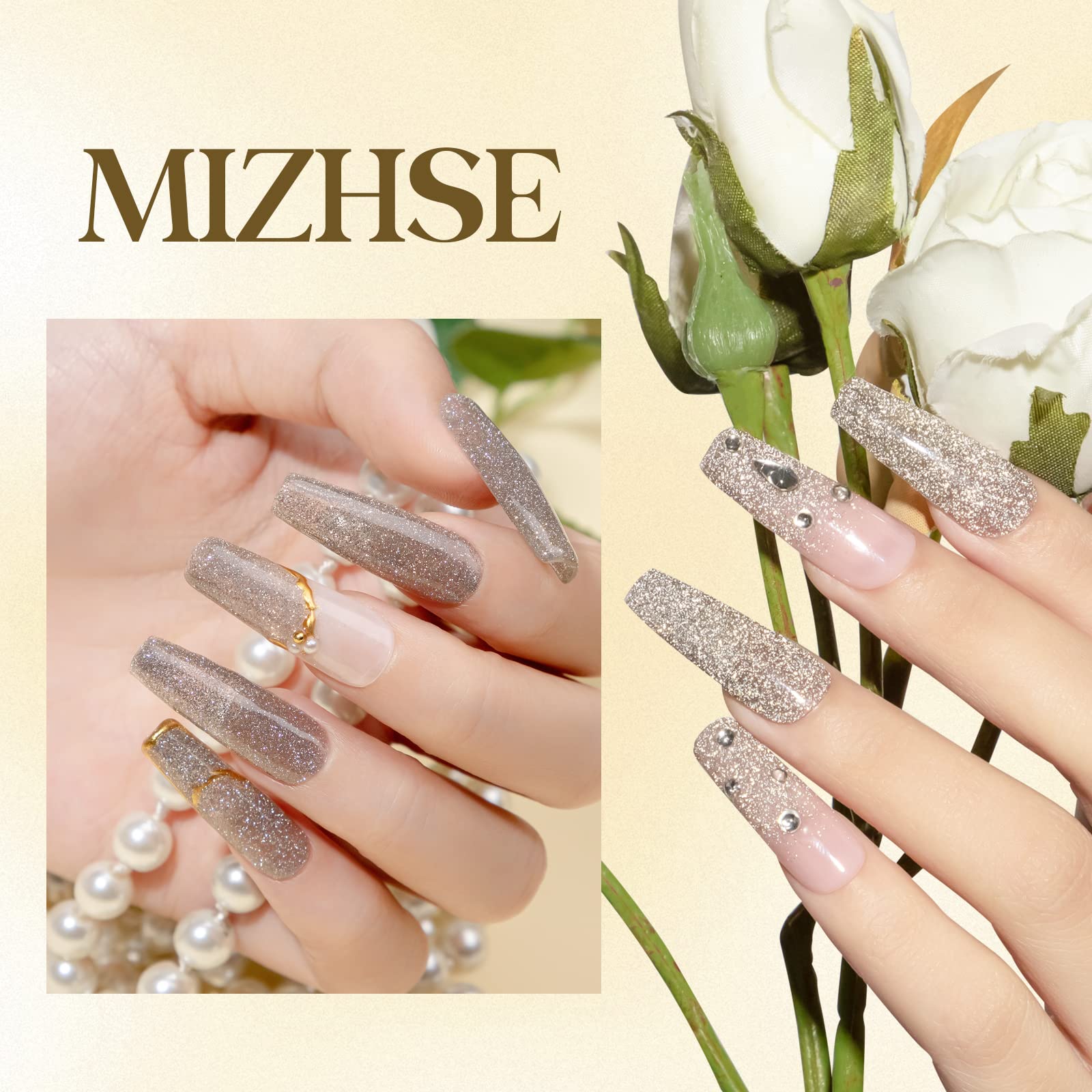 Mizhse Reflective Glitter Gel Nail Polish, Light Gold Sparkly Shiny Gel Polish, Shimmer Nail Gel Soak Off Nail Art Manicure Diy