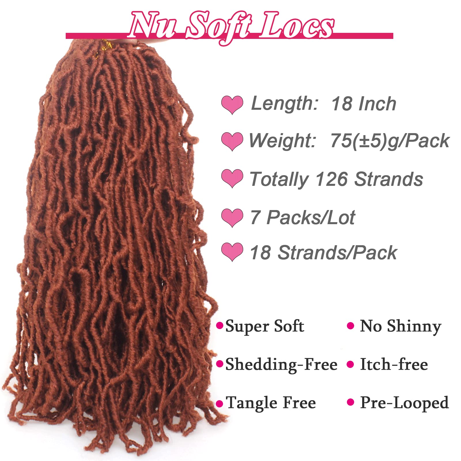 Leeven 18 Inch New Soft Locs Crochet Braids Hair 350# Pre-looped Curly Locs Braiding Hair 7 Packs Ginger Goddess Locs Hair Exten