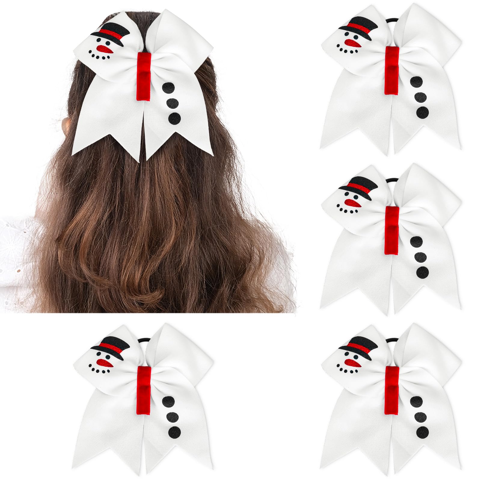 JarThenaAMCS 4Pcs Christmas Cheer Hair Bows Scrunchies Cute Winter Snowman Bowknot Hair Ties White Cotton Ponytail Holder for Wo