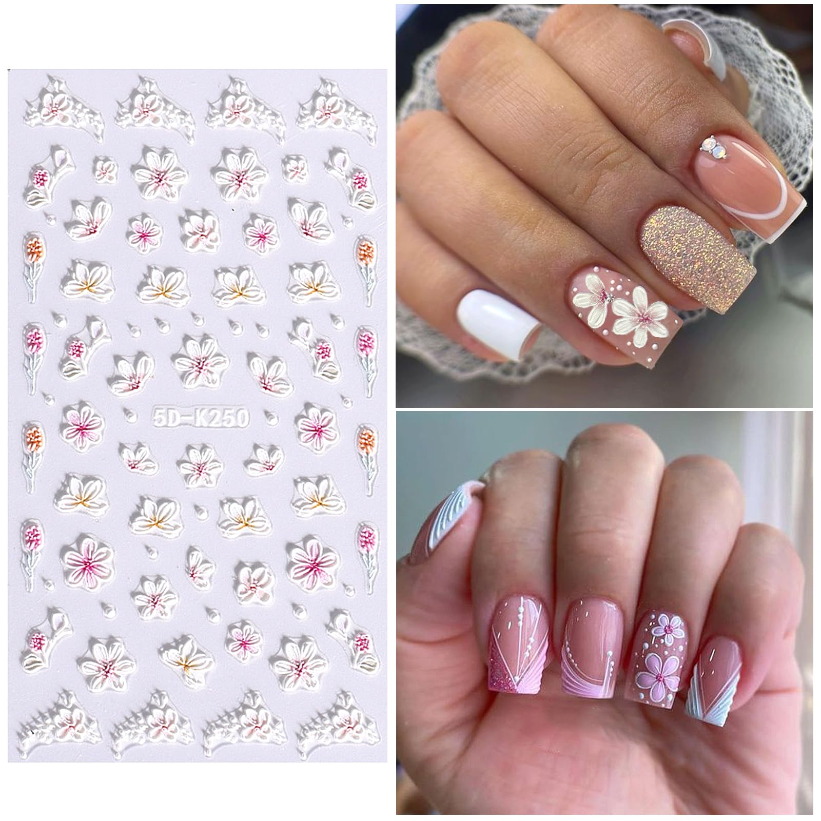 Votacos Pink Flower Nail Art Stickers Decals 5D Embossed Nail Decals Spring Summer Nail Art Design Self-Adhesive Nail Supplies A