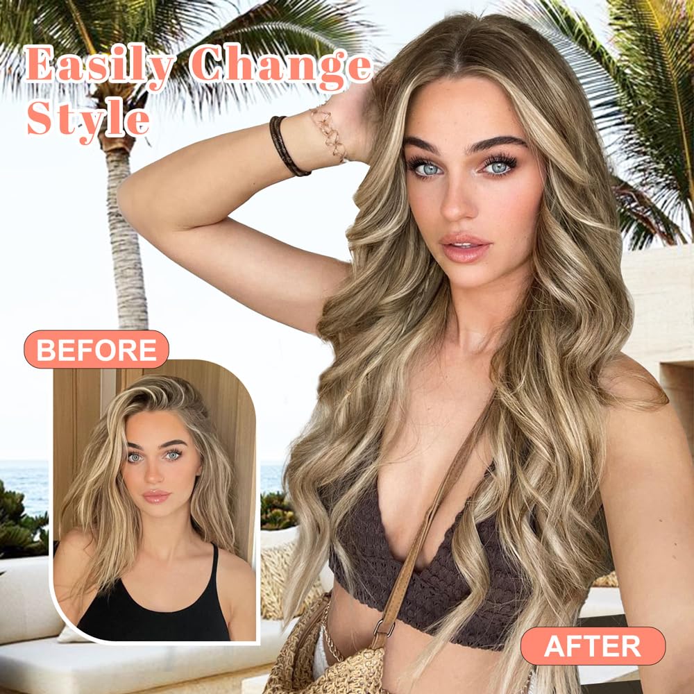 Alxnan Clip In Hair Extensions For Women,Medium Brown Ash Blonde Long Wavy Hair Extensions Clip Ins 4Pcs 24 Inch Synthetic Soft
