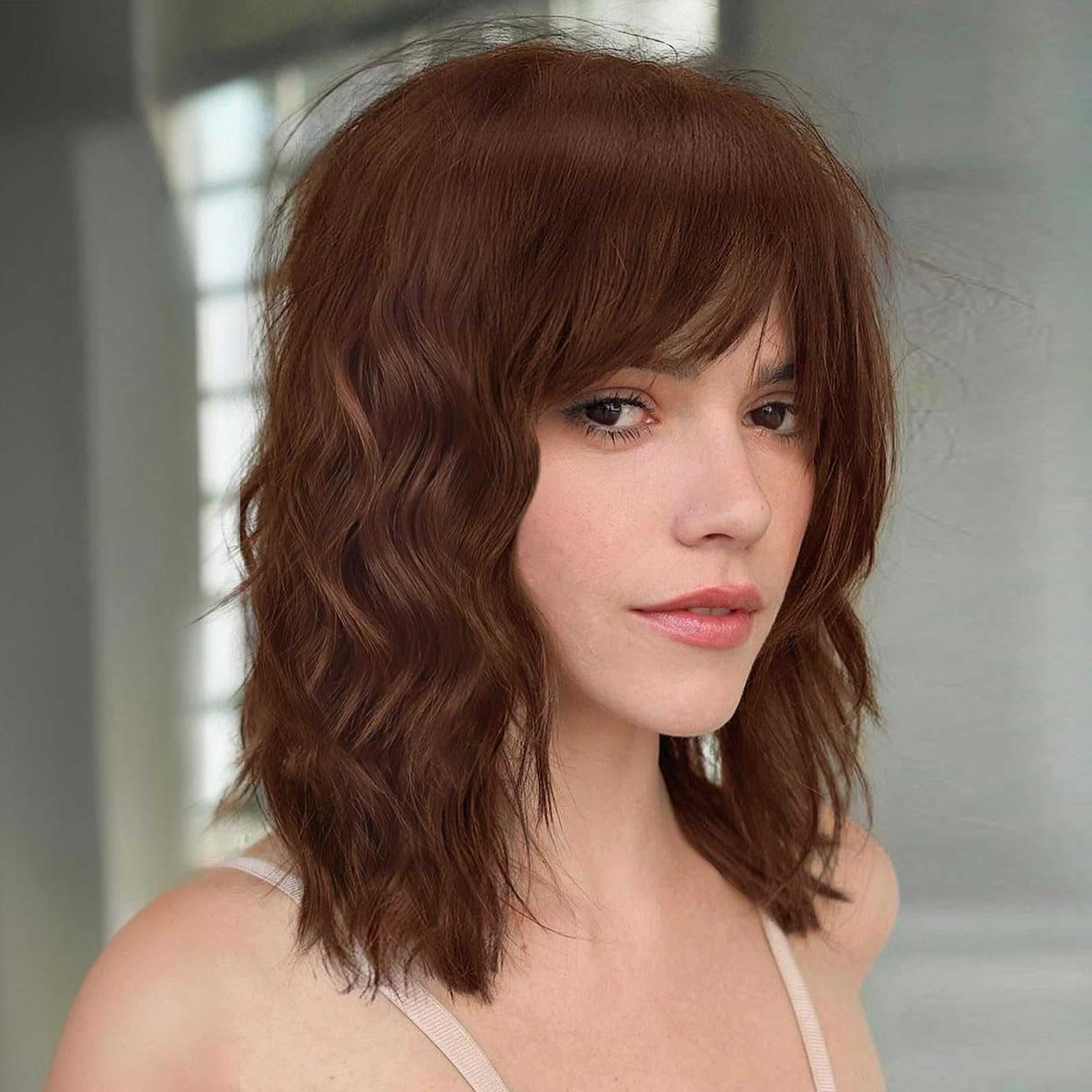 Lativ Brown Wig with Bangs Short Wavy Wigs for Women Shoulder Length Curly Bob Wigs Heat Resistant Synthetic Wigs for Halloween 