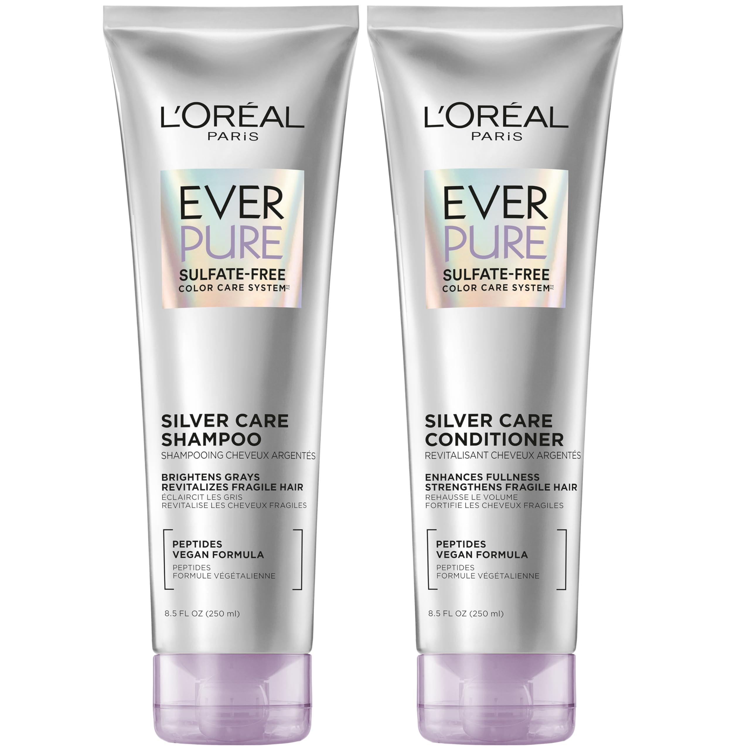L'Oreal Paris EverPure Silver Care Sulfate Free Shampoo and Conditioner Set, Nourishing Vegan Formula with Peptides for Brighten
