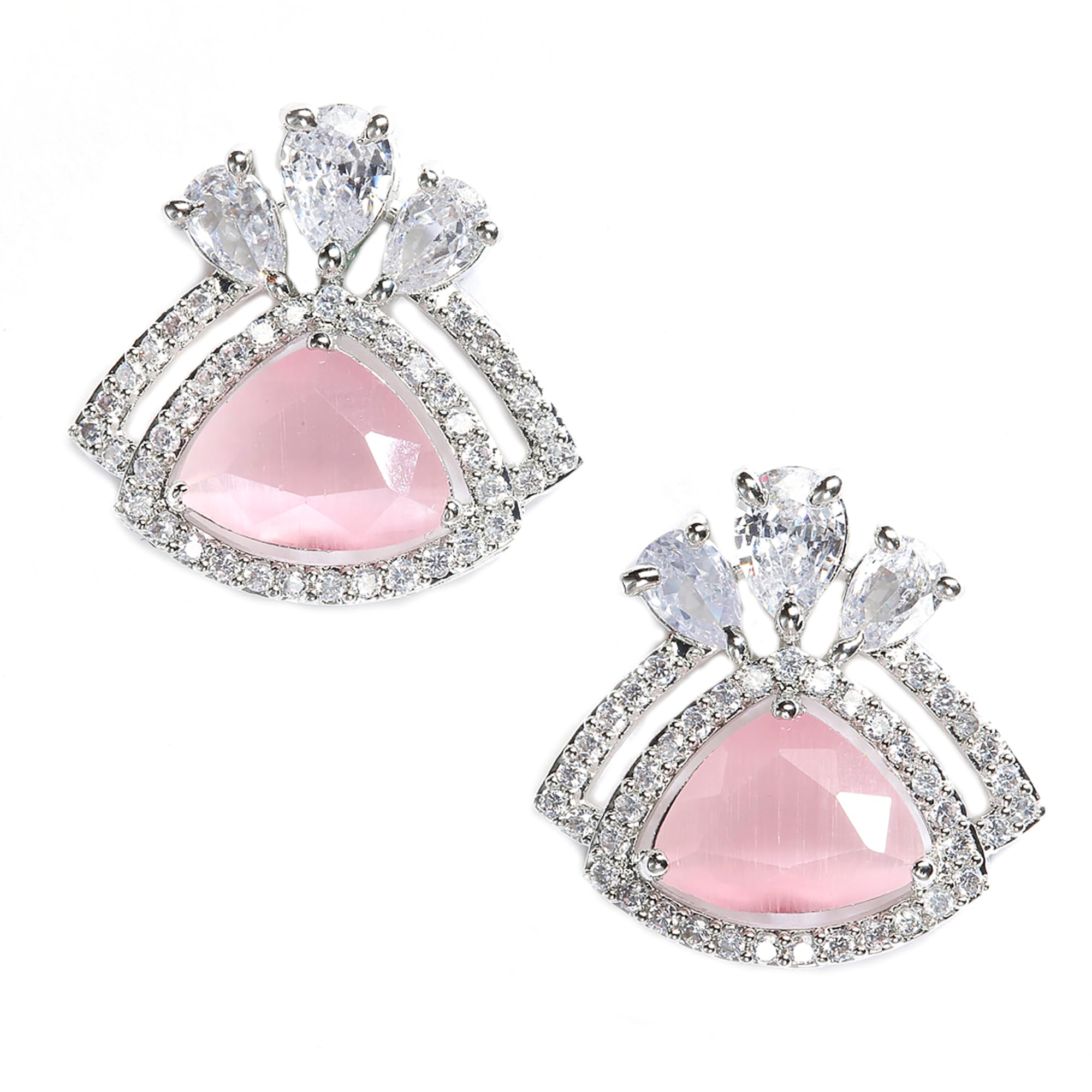 Zeneme Rhodium Plated American Diamond Studded Triangular Studs Earring Jewellery For Women and Girls (Pink)