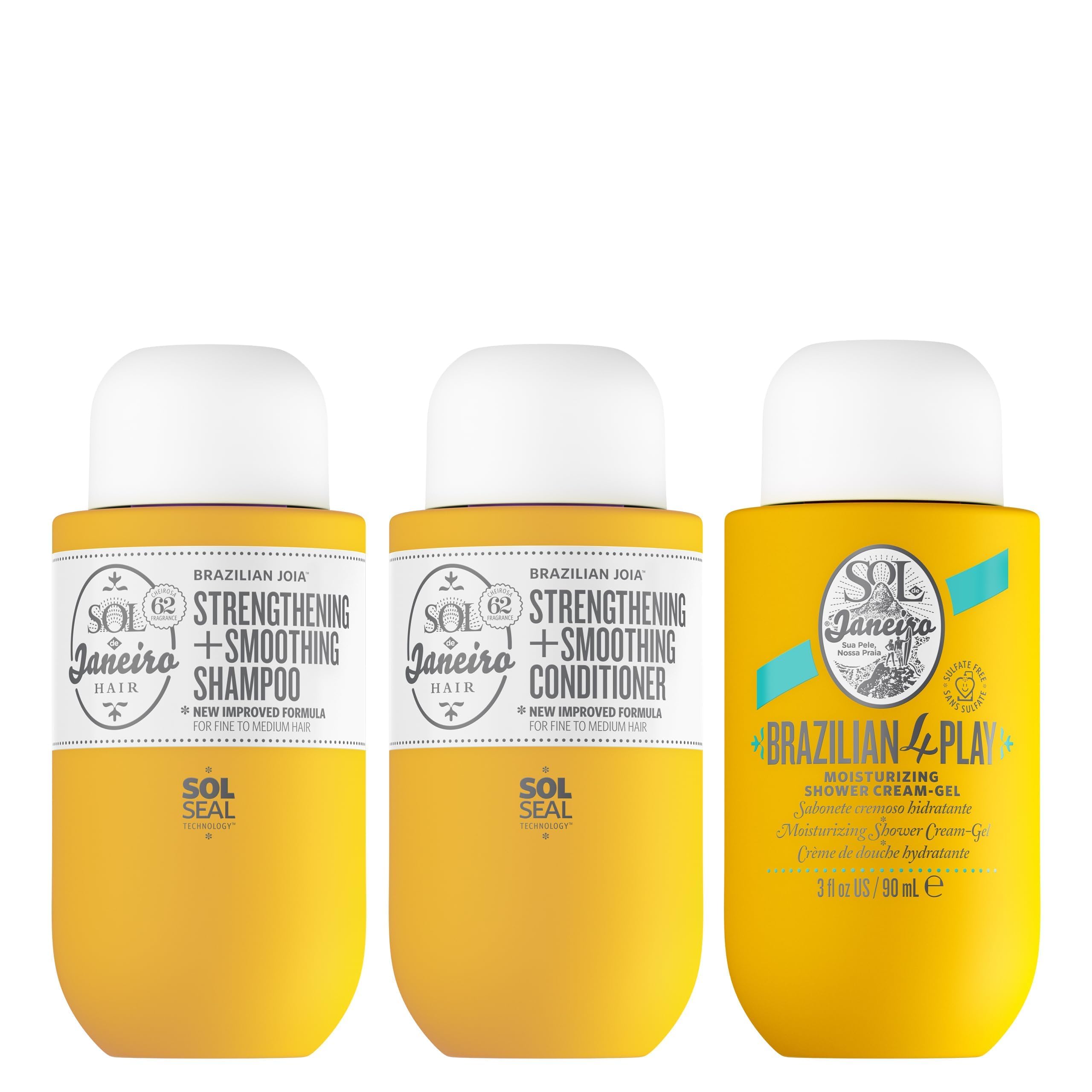 Sol De Janeiro Mini 4 Play Moisturizing Shower Cream Gel Body Wash + Brazilian Joia Damage Repairing Shampoo And Conditioner Set