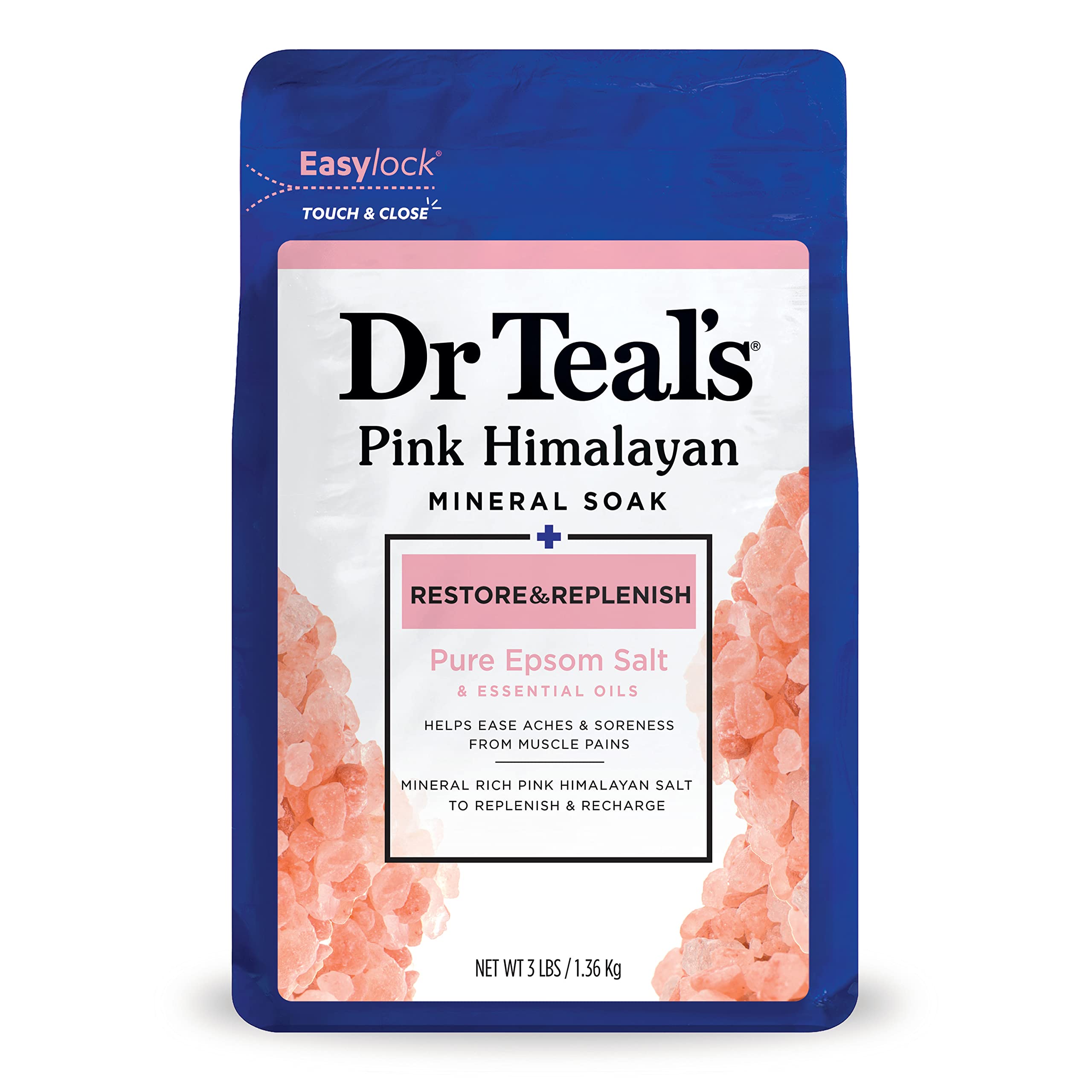 Dr Teal 's Pink Himalayan Mineral Soak, Restore & Replenish with Pure Epsom Salt, 3 lbs (Packaging May Vary)