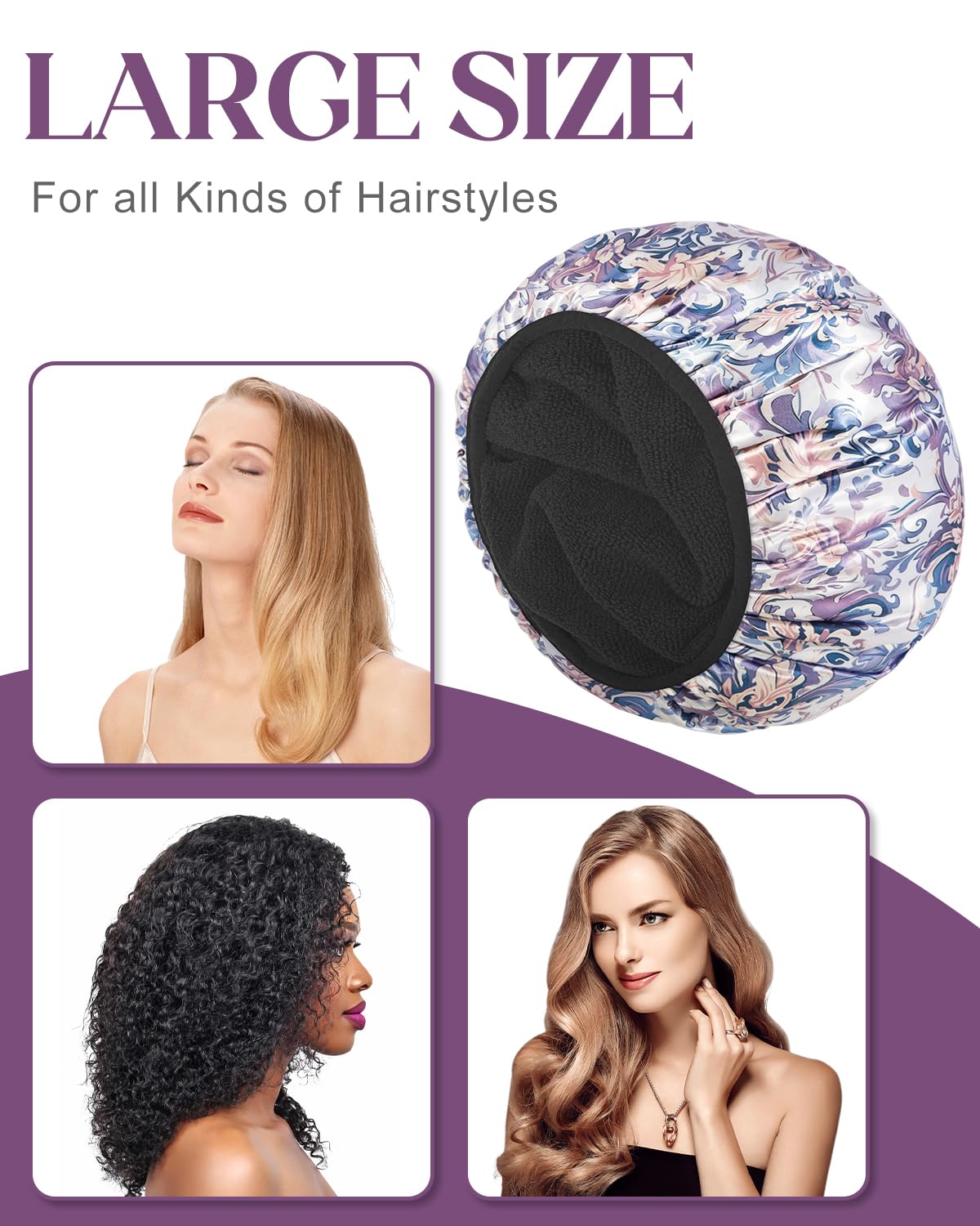 Aquior Shower Cap, Terry Lined Shower Cap For Women,Triple Layer Reusable Cap For Long Thick Hair, Large Terry Cloth Lined, Wate