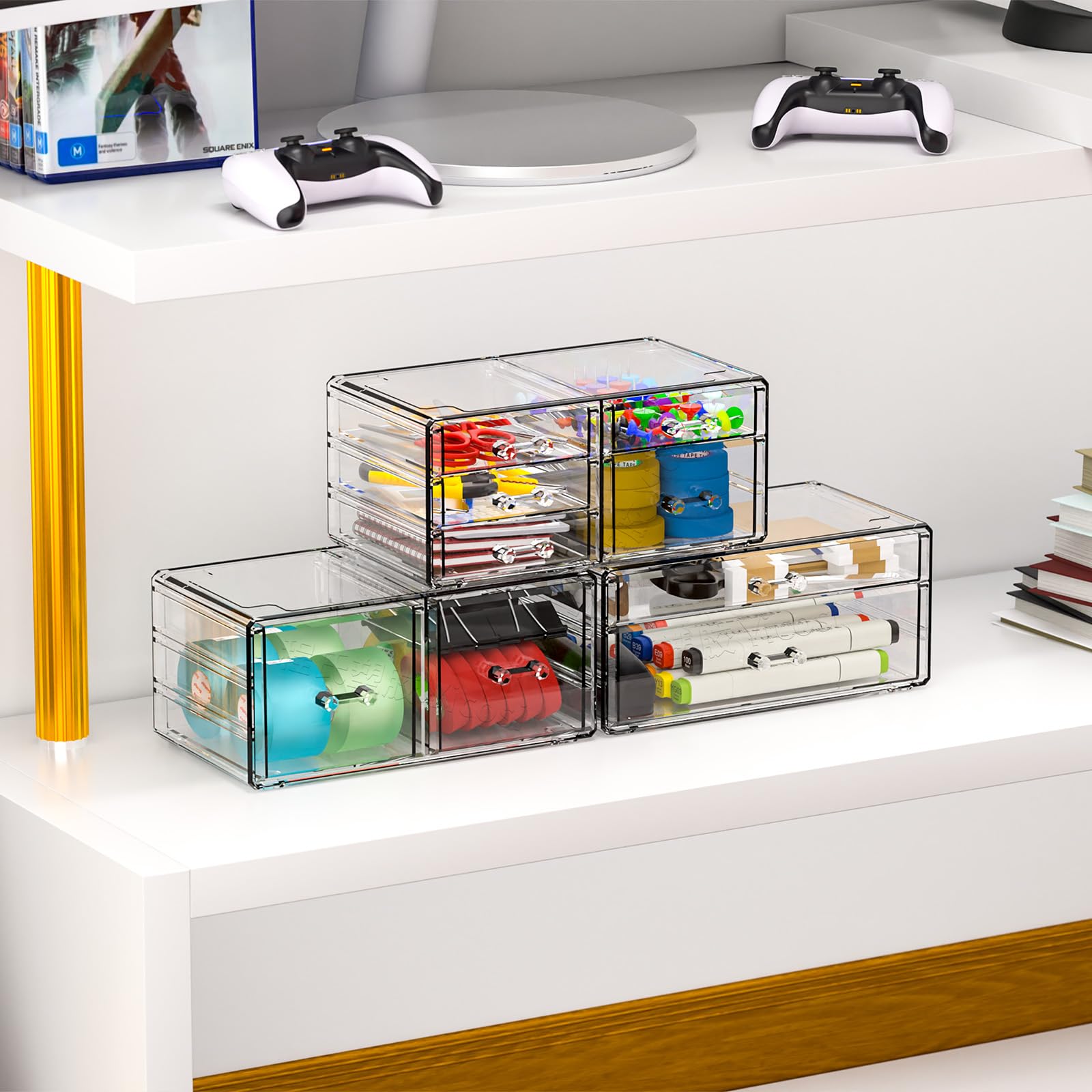 Cq Acrylic 4 Pack Clear Acrylic Drawer Organizer Countertop,Stackable 13 Drawers Makeup Storage, Cube Make Up Organizer For Dres