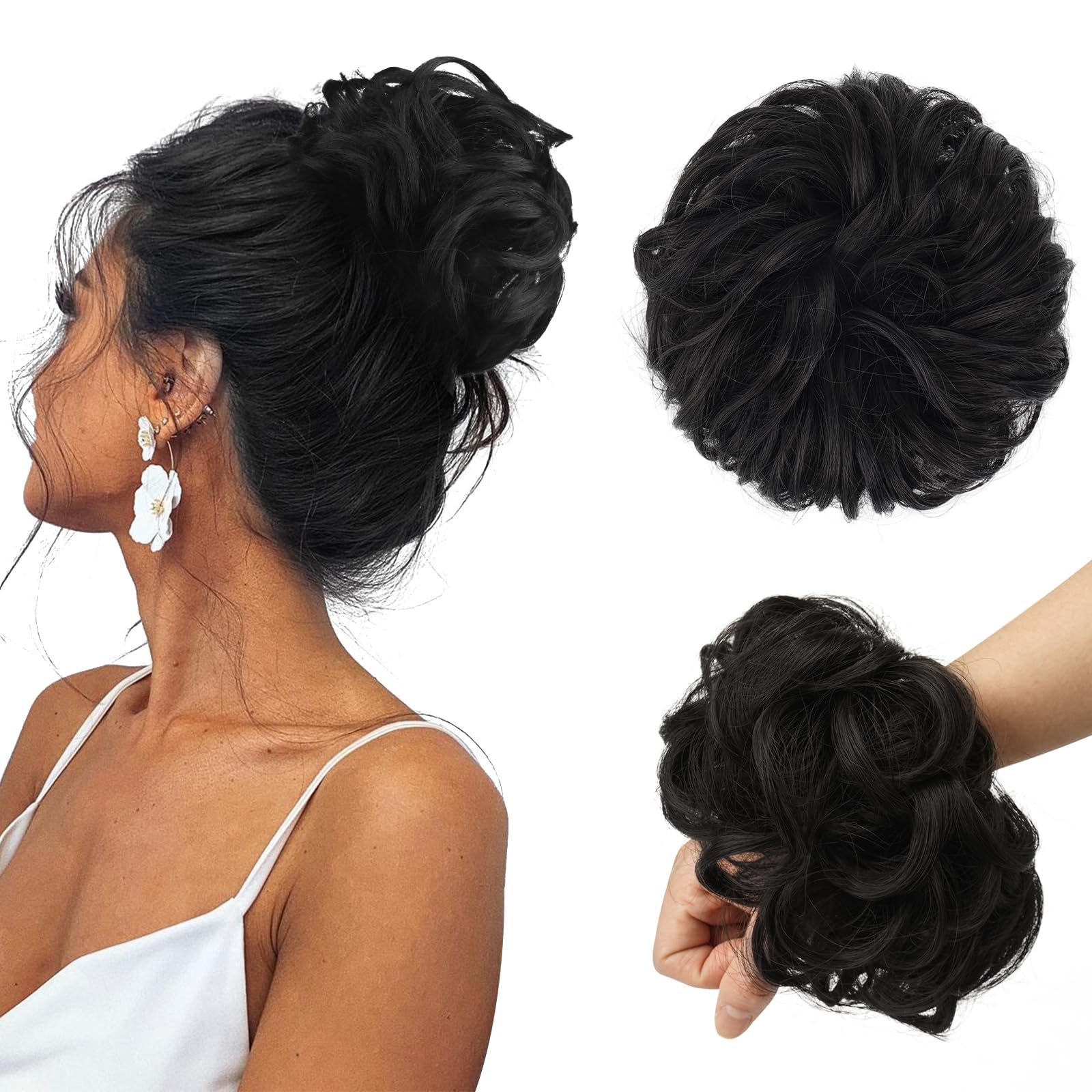 FESHFEN Messy Hair Bun Hair Pieces Natural Black Wavy Curly Large Hair Bun Scrunchies Extensions Synthetic Tousled Updo Hairpiec