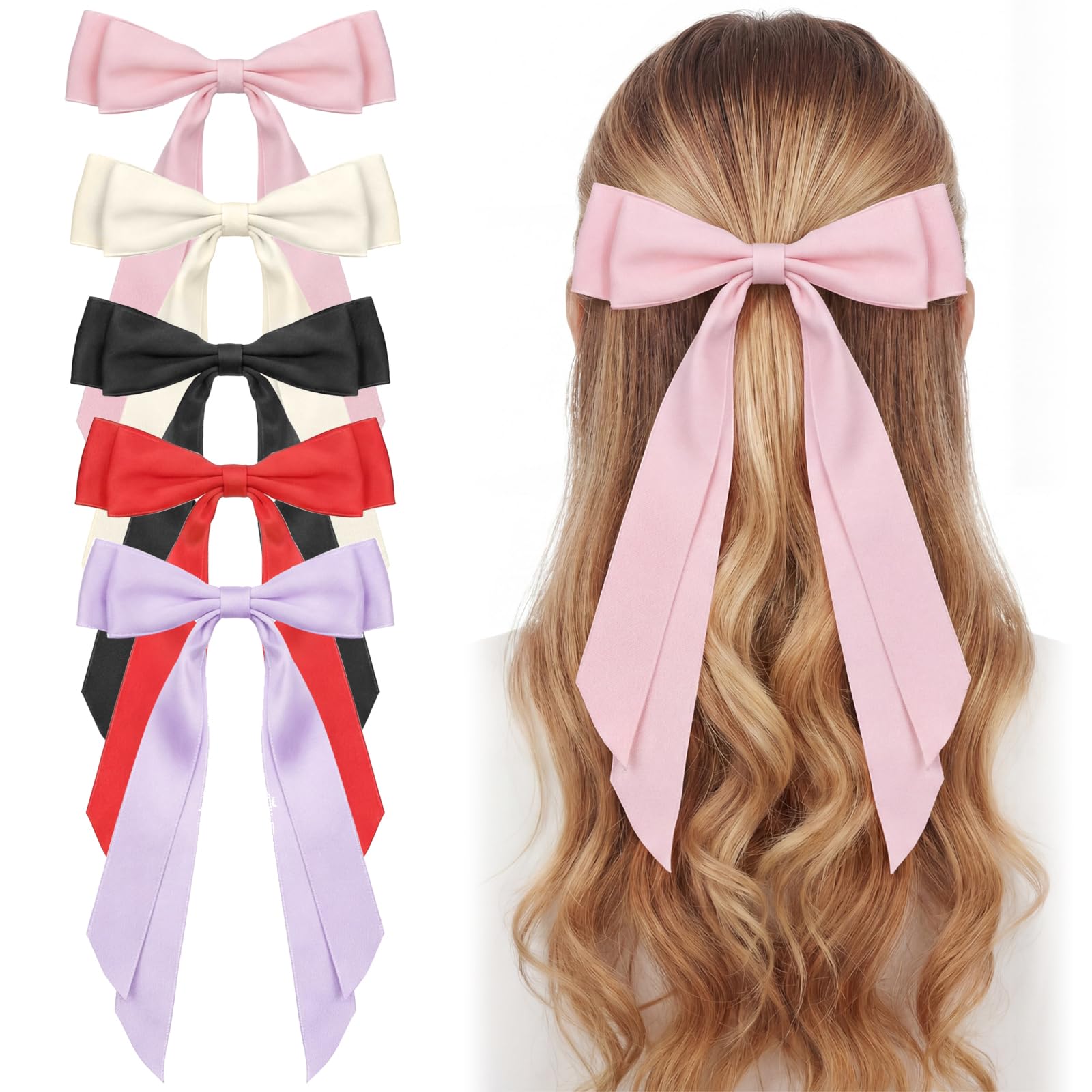 HJZHII 5 Pcs Silky Satin Hair Bow Clips, Long Hair Bow Clips with Metal Clamps Hairs Ribbon French Hairs Bows Ponytail Holder Ac