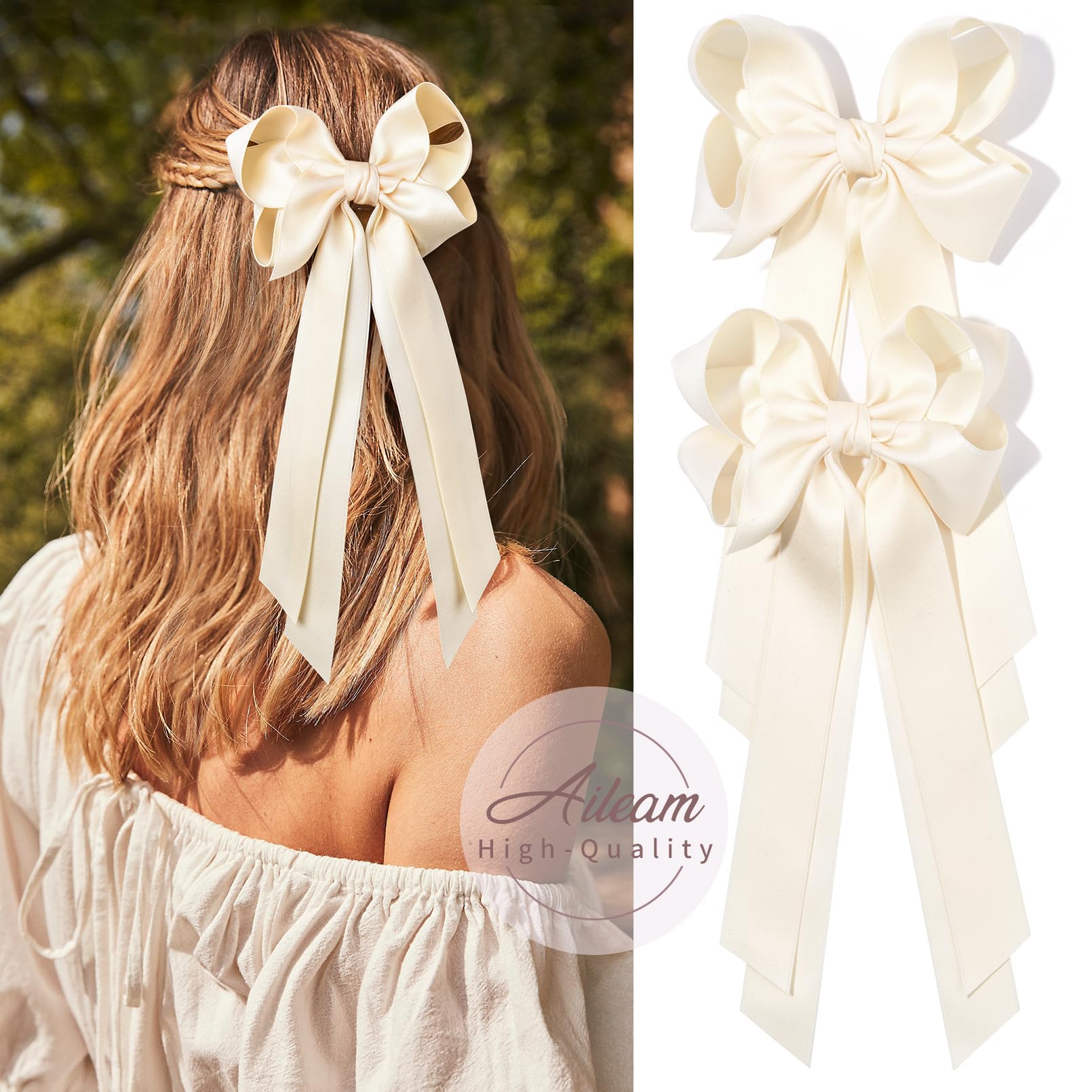 Aileam Hair Clip, 2Pcs Hair Bows For Women Hair Clip Beige Silky Satin Ribbon Accessories With Metal Clips For Women Girls Toddl