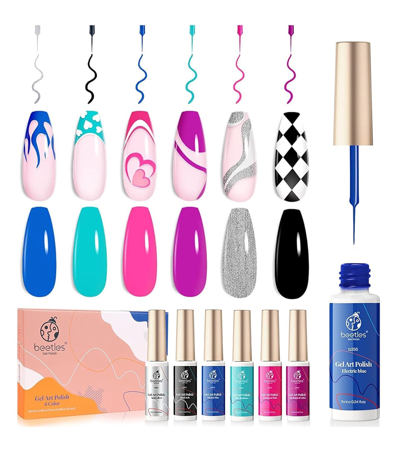 Beetles Gel Liner Nail Polish, 6 Colors Nail Art Paint for Swirl Nails Neon Blue Hot Pink Sliver Glitter Gel Polish Cyberpunk 's