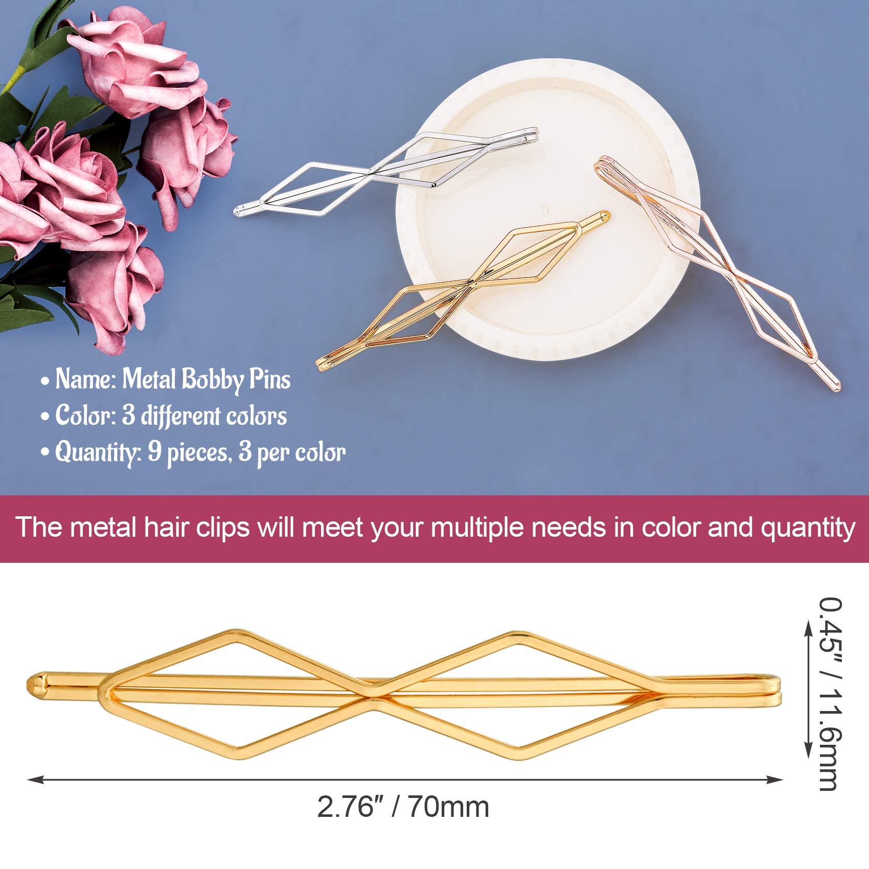 PAGOW 9pcs Metal Bobby Pins Hair Clips, Fashion Metal Decorative Bobby Pins for Women Kitsch Hair Accessories Pin(Gold*3, Rose G