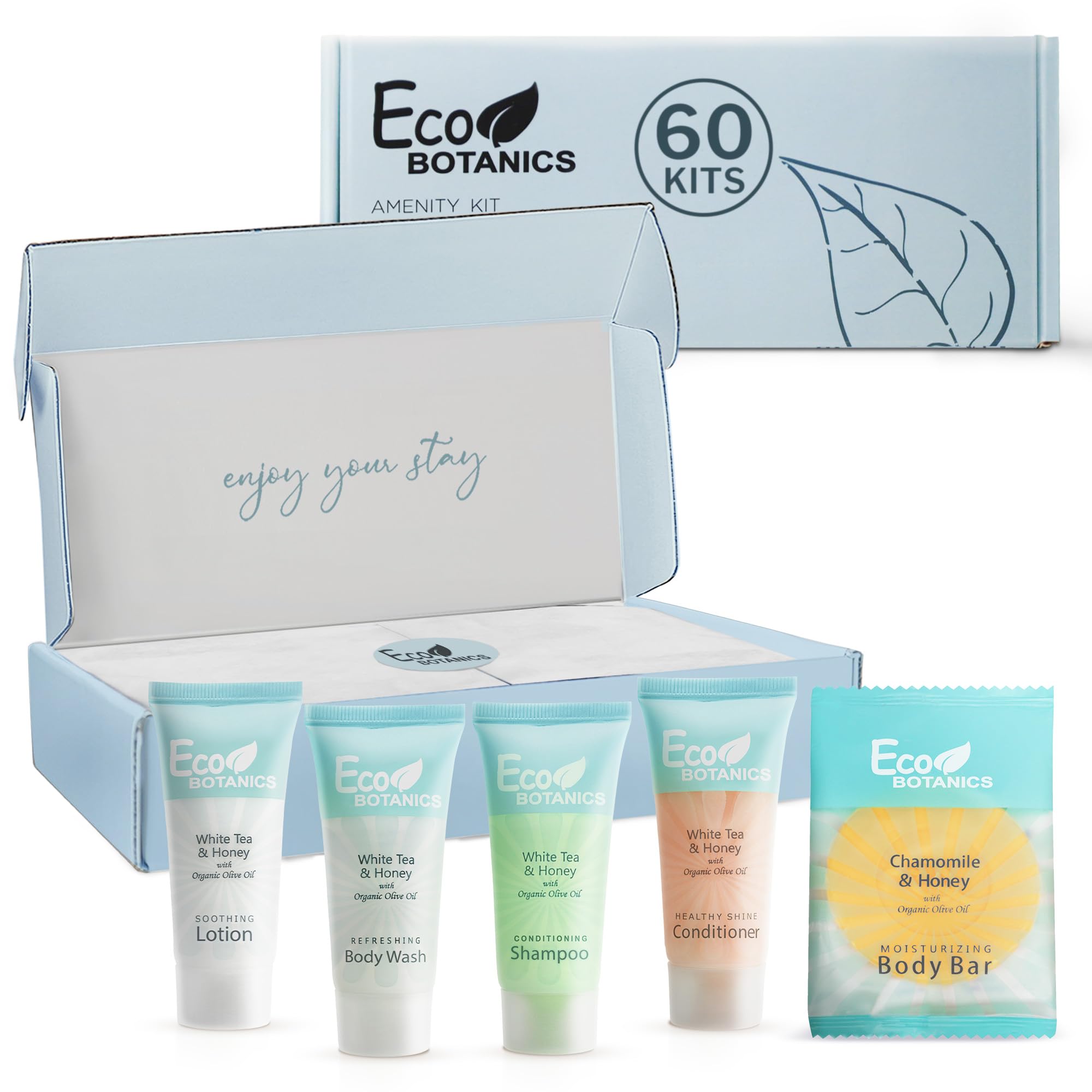Eco Botanics Amenity Kit | Boxed Hotel Toiletries | Bulk Set .85 Oz Travel Size Shampoo, Conditioner, Lotion, Body Wash & Body B