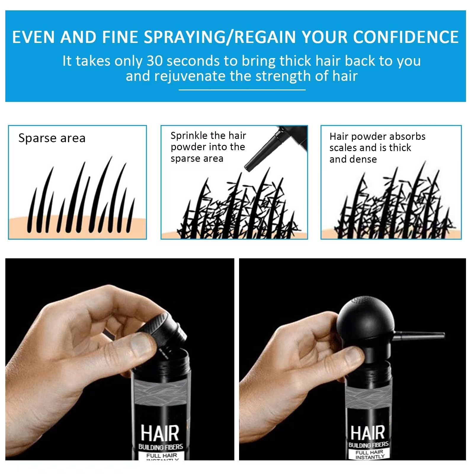 SHIFAKOU Hair Building Fibers - Black, 27.5g, Spray Applicator, Natural Look, Conceals Thinning Hair for Men & Women