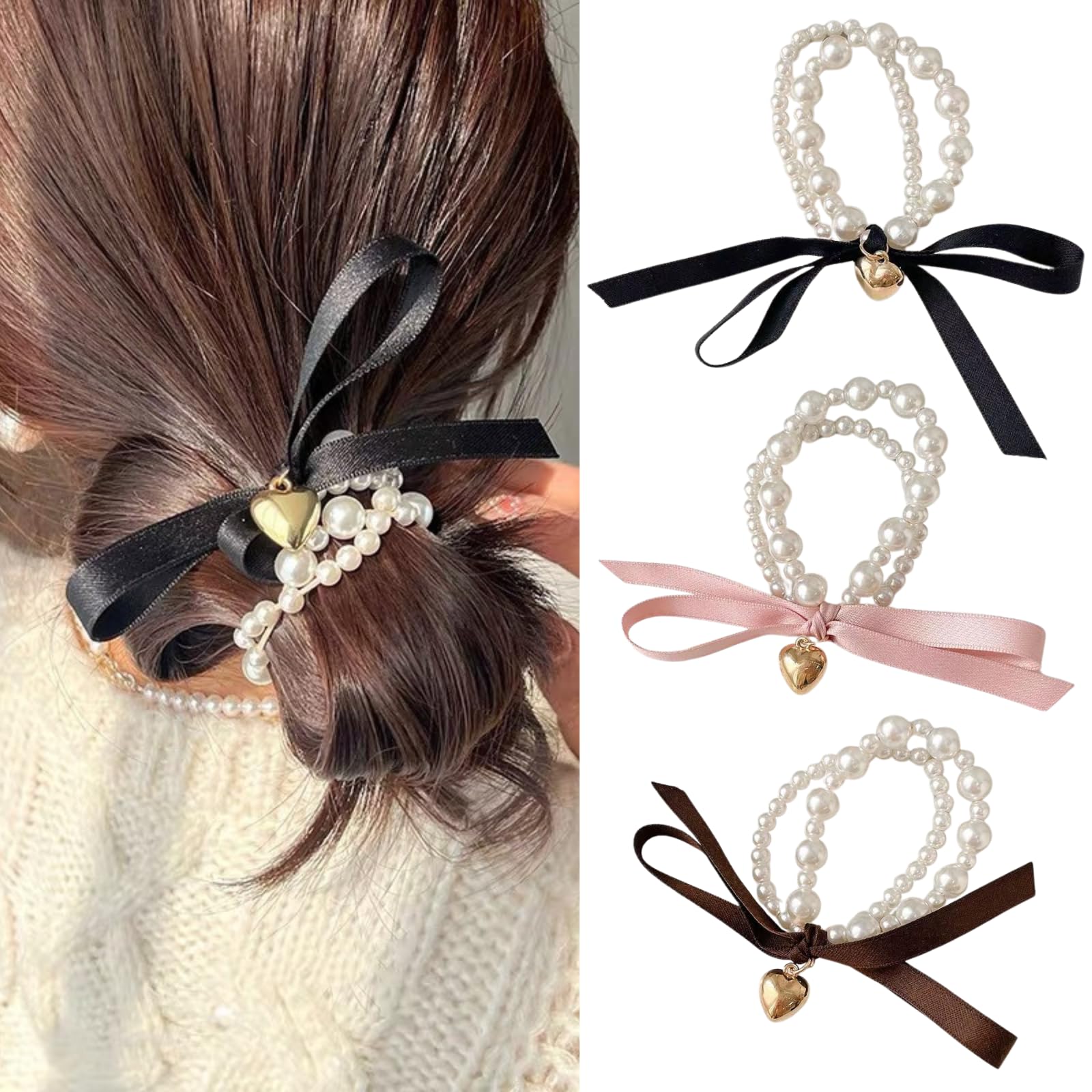 Pearl Hair Scrunchies for Women French Elastic Hair Ties Elegant Hair Accessories Valentine Heart Charm Design Hair Ties French 