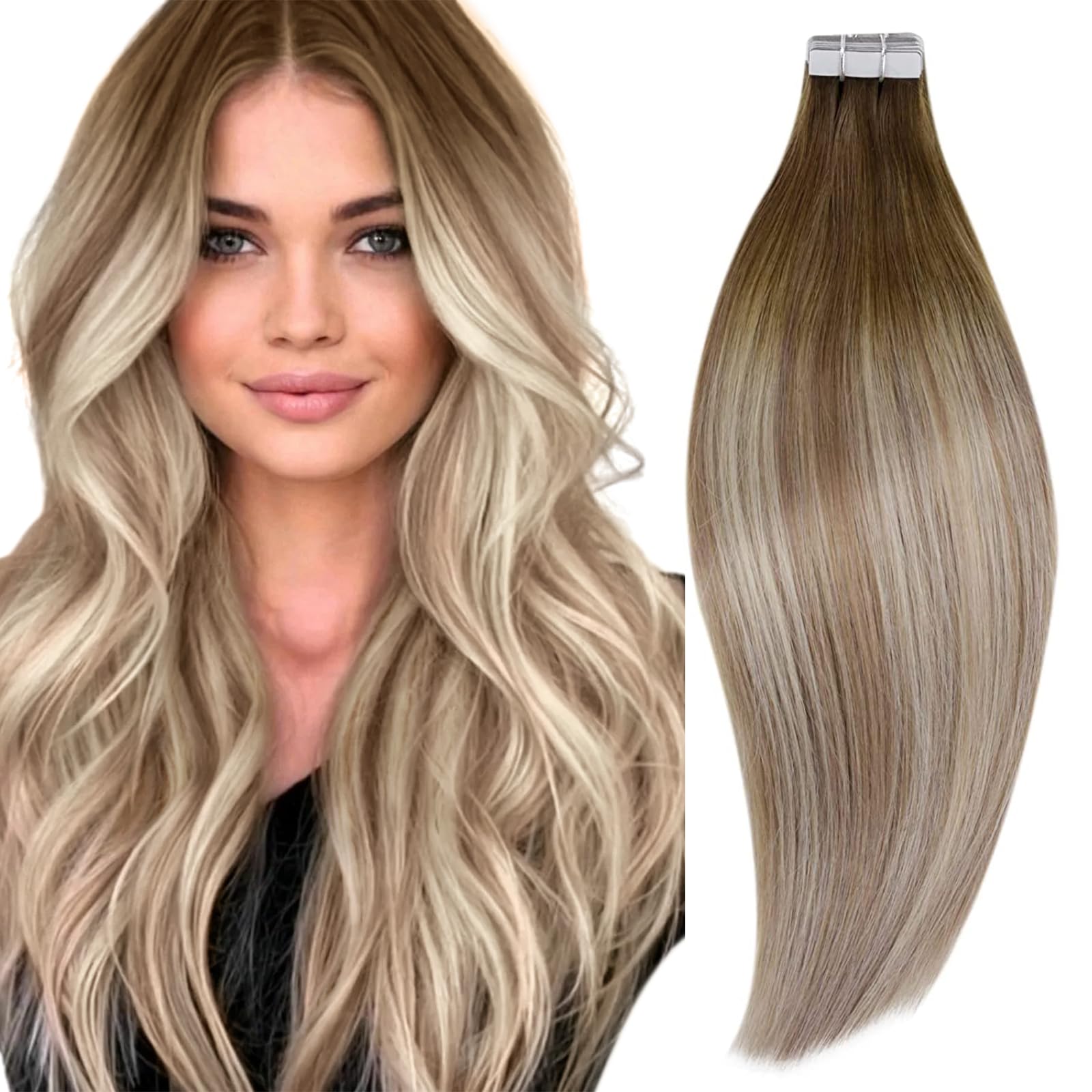 Runature Balayage Tape In Hair Extensions Human Hair 22 Inch Straight Human Hair Tape In Extensions Ombre Walnut Brown To Ash Br