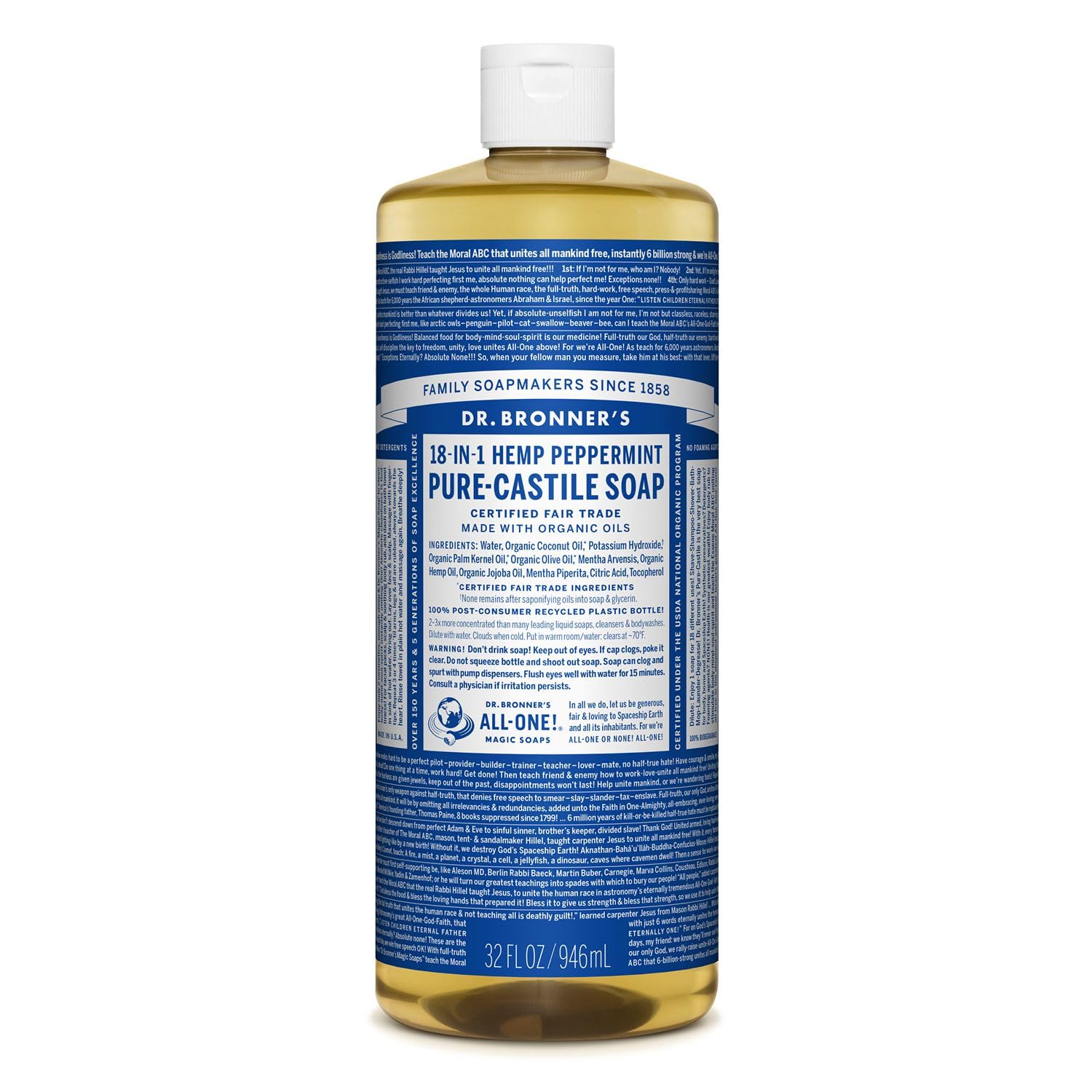 Dr Bronneras - Pure-Castile Liquid Soap (Peppermint, 32 Ounce) - Made With Organic Oils, 18-In-1 Uses: Face, Body, Hair, Laundry