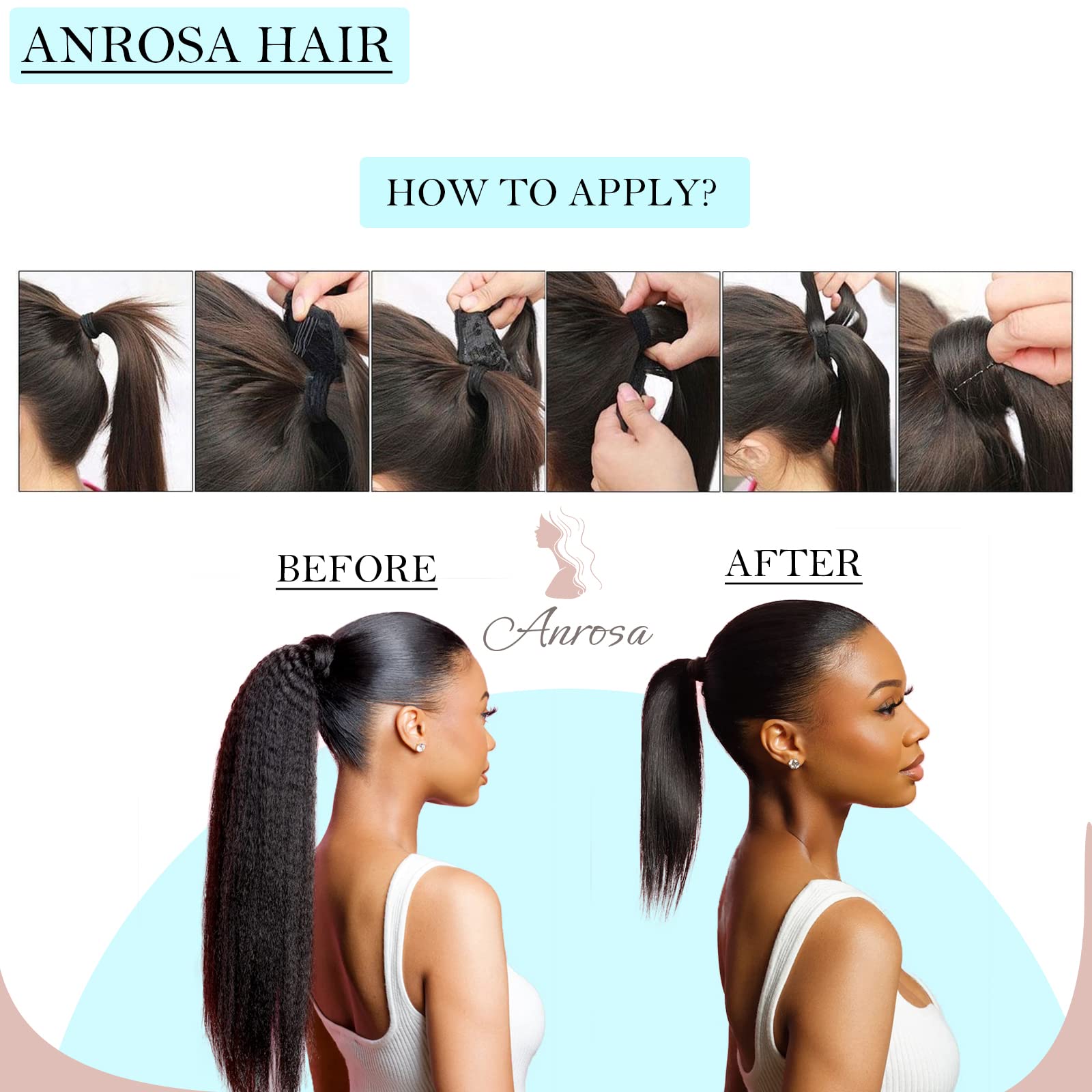 Anrosa #1B Natural Black Ponytail Extension Human Hair Ponytail Extension Hair Wrap Around 100% Remy Human Hair Straight Ponytai