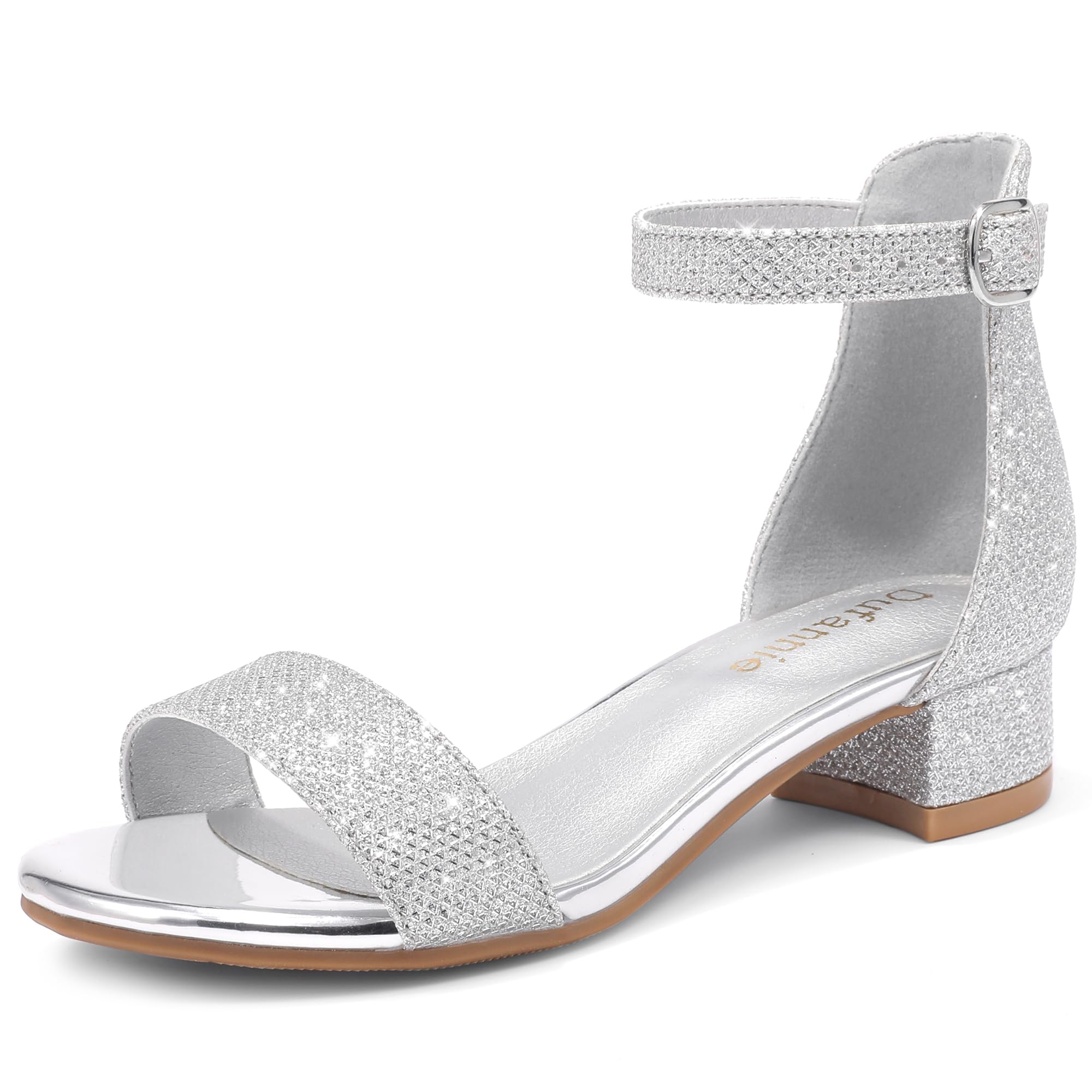 Dufannie Girls Heels for Kids Silver Dress Shoes Big Kid Heel Sandals Size 3 Sparkle Flower Girl Shoes Wedding Pageant Church Party Easter Fancy Open Toe Tween Sandals Pumps(3603Silver 3)