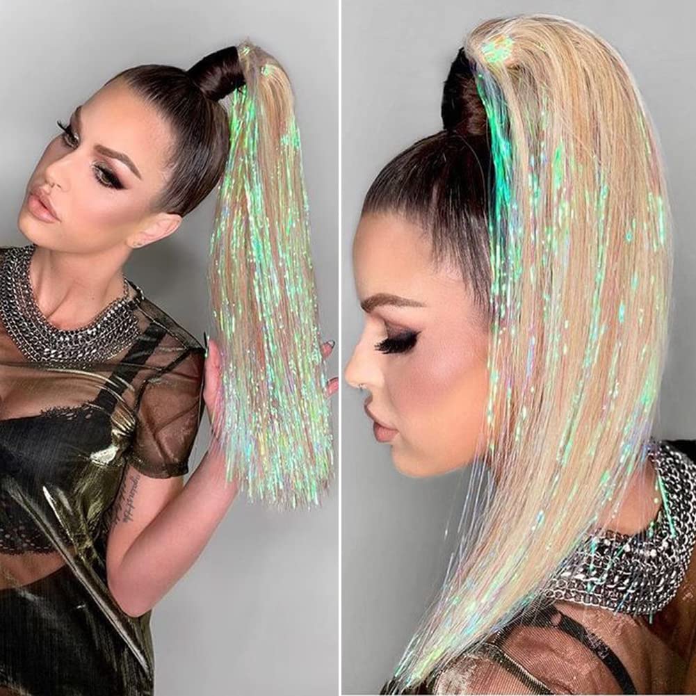 Hair Tinsel Kit With Tools 47Inch 1200 Strands Fairy Hair Tinsel 6Pcs Highlights glitter Hair Extensions Sparkling Shiny Hair Ex
