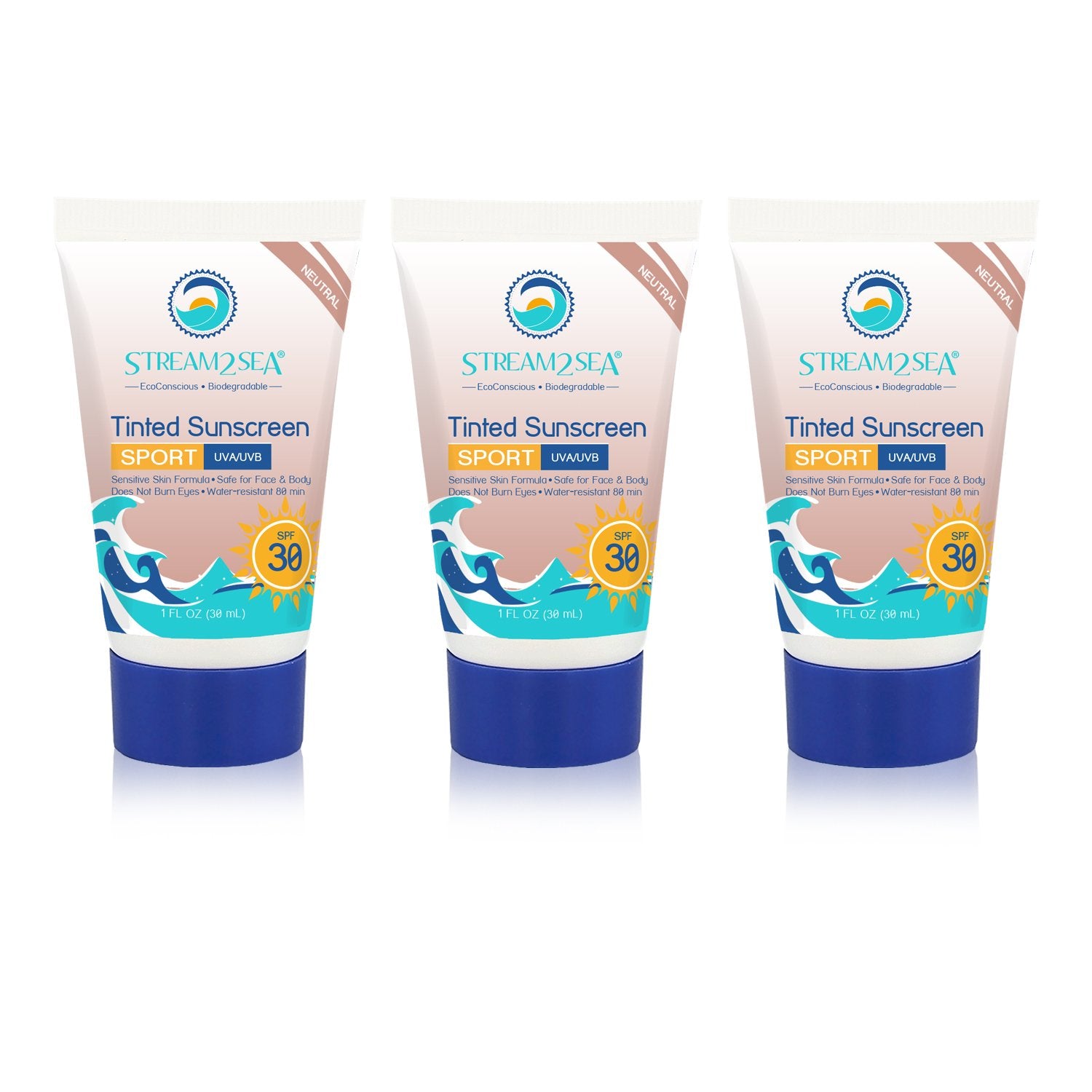 Stream 2 Sea Spf 30 Tinted Sunscreen Biodegradable And Reef Safe, 1 Fl Oz Pack Of 3 Travel Size Paraben Free Non Greasy And Mois