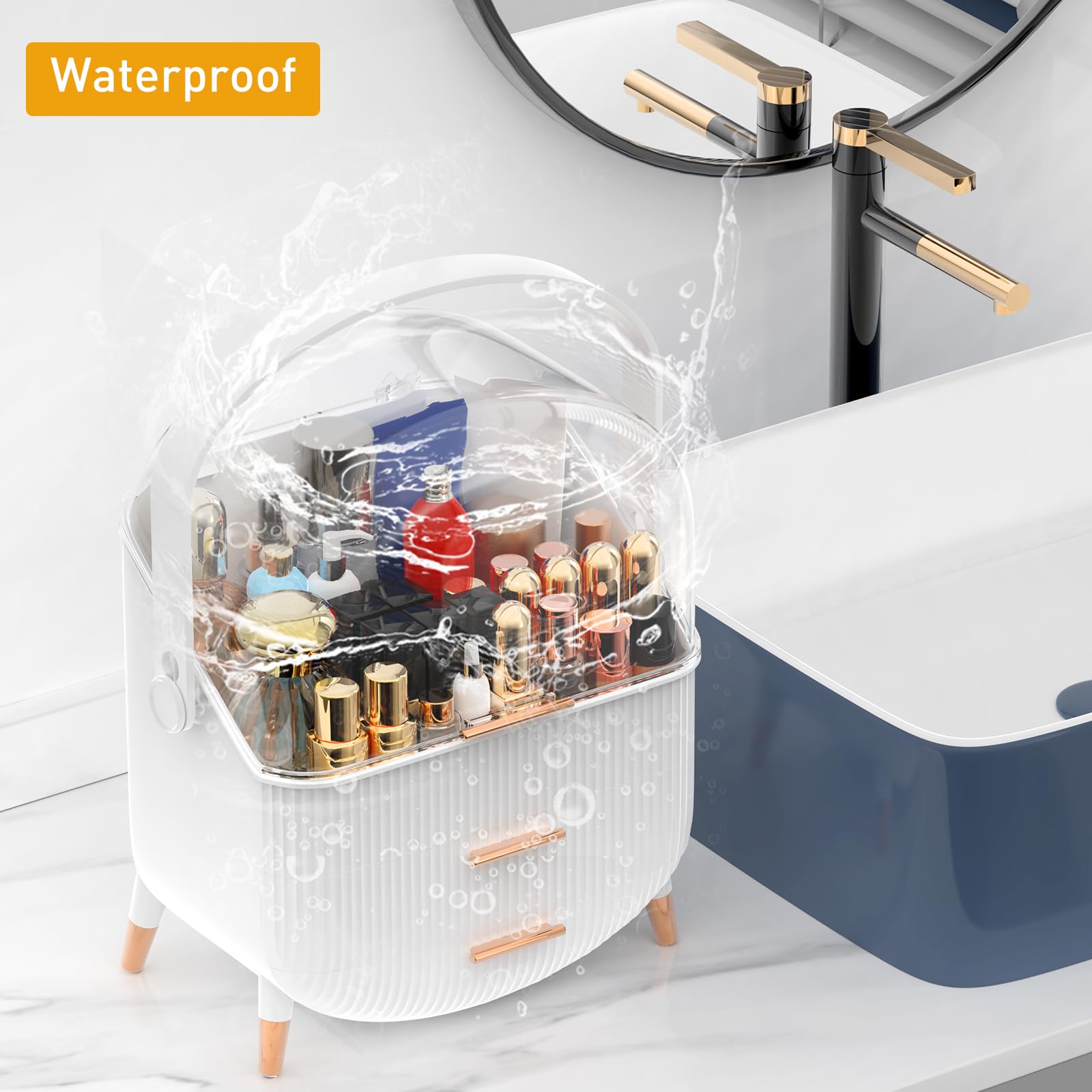 Makeup Organizer with Transparent Lid & 2 Drawers - Large Capacity Cosmetic Skincare Storage Box for Bathroom Vanity, Countertop
