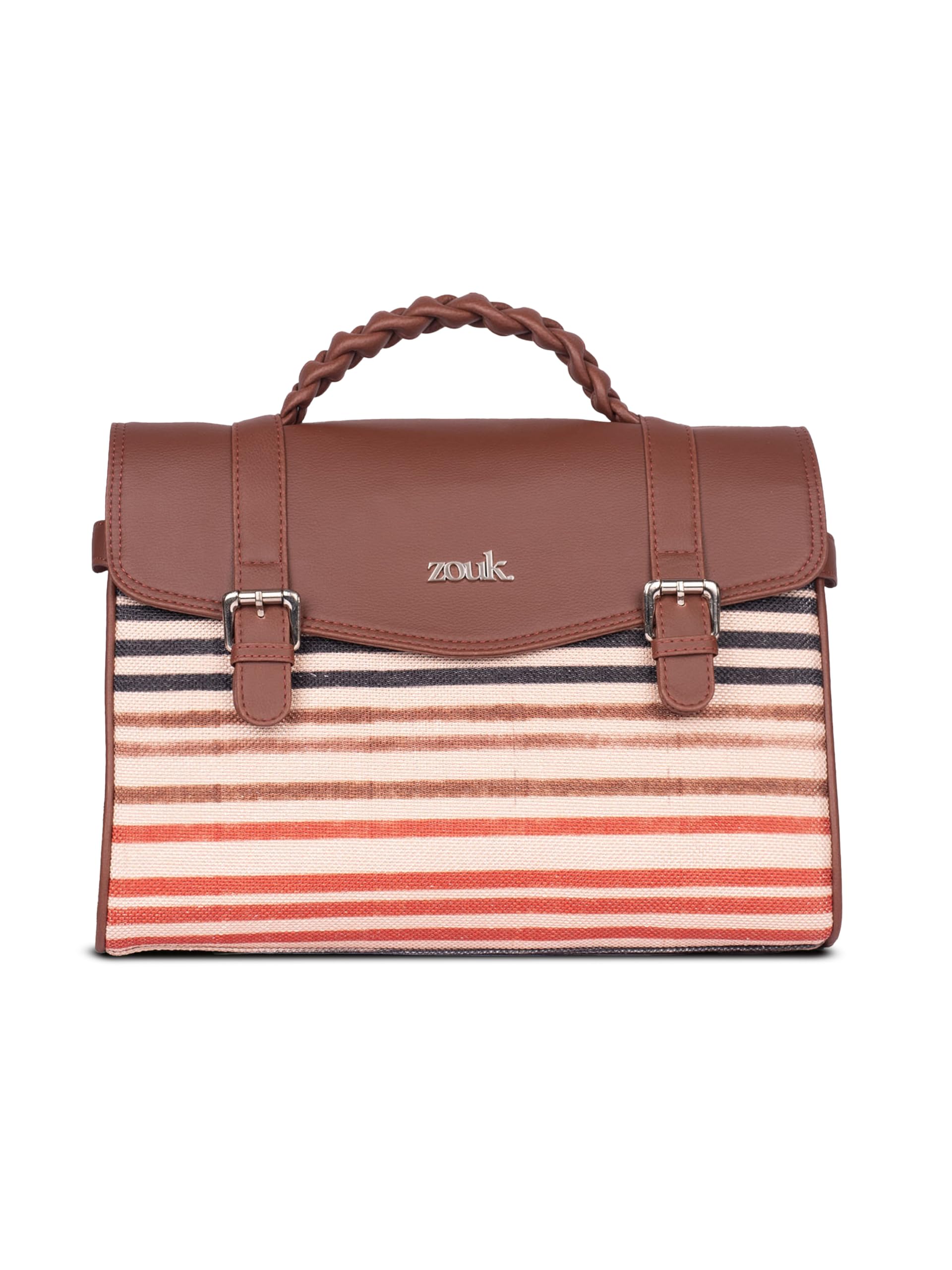 Zouk Konkona Heritage Satchel Bag  Qutub Stripes | Jute | Vegan Leather Handcrafted With Detachable Sling Strap| Multicolor