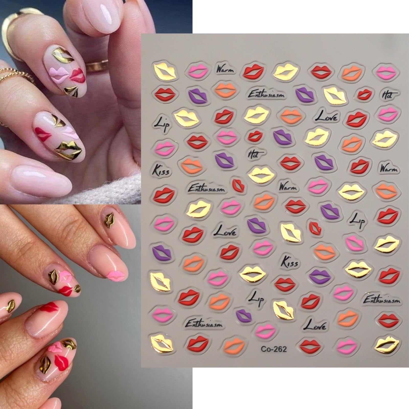 Lips Nail Art Stickers 5D Embossed Kiss Nail Stickers Self-Adhesive with Colorful Love Design Shiny Valentines Nail Decals Sprin