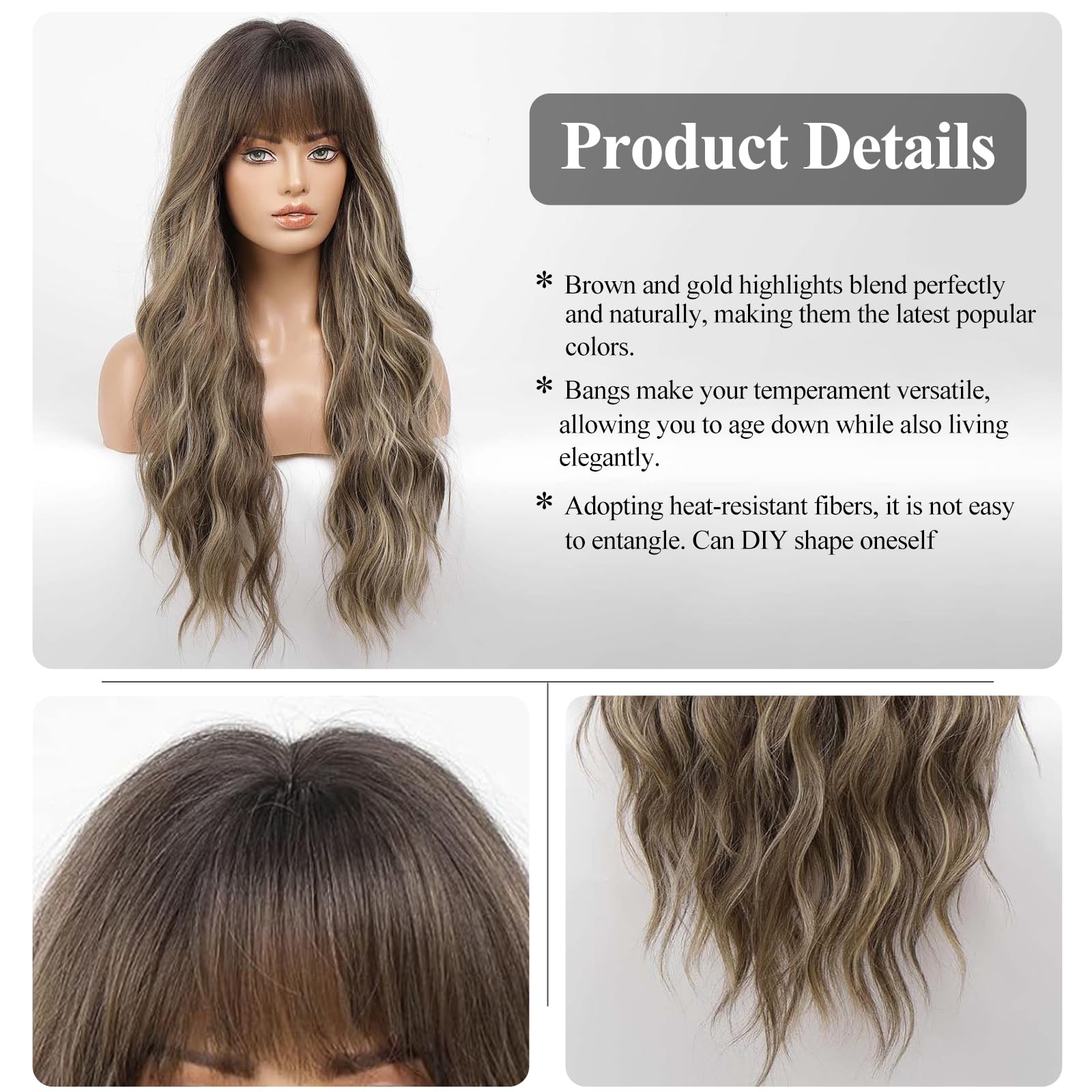 Haircube Brown With Blonde Highlight Wig Long Curly Wig With Bangs Brown Wig Natural Appearance Heat-Resistant Synthetic Wig Sui