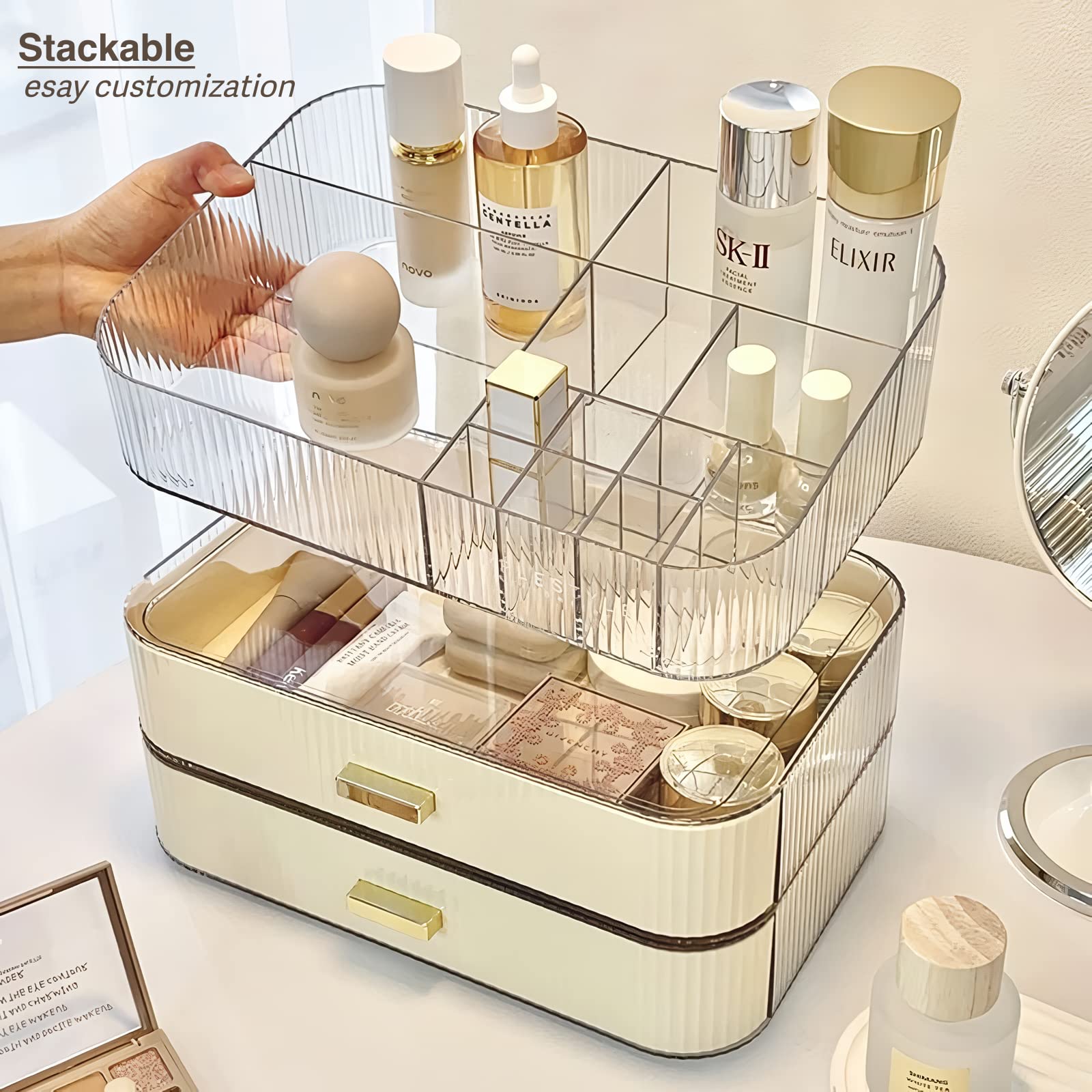 Clear Makeup Organizer With Stackable Drawer, Cosmetic Storage Display Case For Vanity, Bathroom Countertop Or Dresser,Counter T
