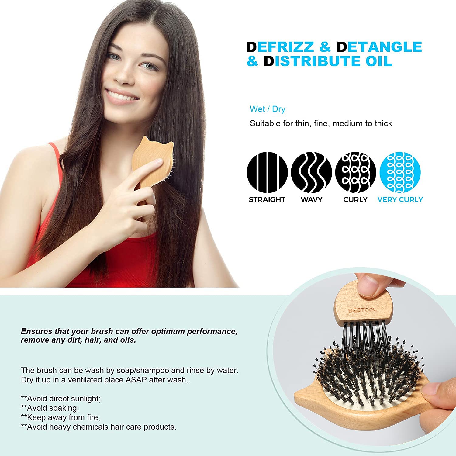 Hair Brush, BESTOOL Small Travel Hair Brushes for Women, Men or Kids, Wooden Toddler Boar Bristle Hair Brush for Detangling, Def