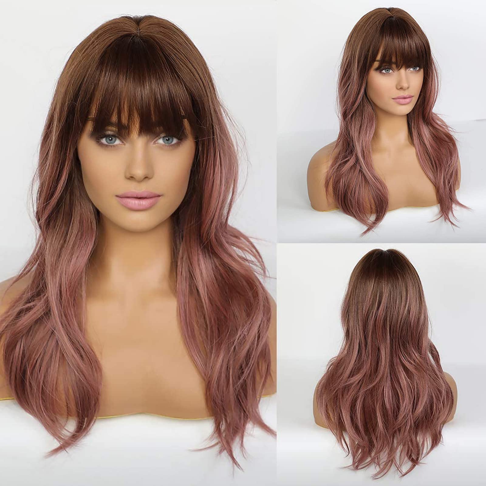 Emmor Long Wavy Wigs With Bangs Purple Pink Wigs For Women, 20 Inch Natural Curly Hair Wig With Air Bang Synthetic Ombre Wigs, P