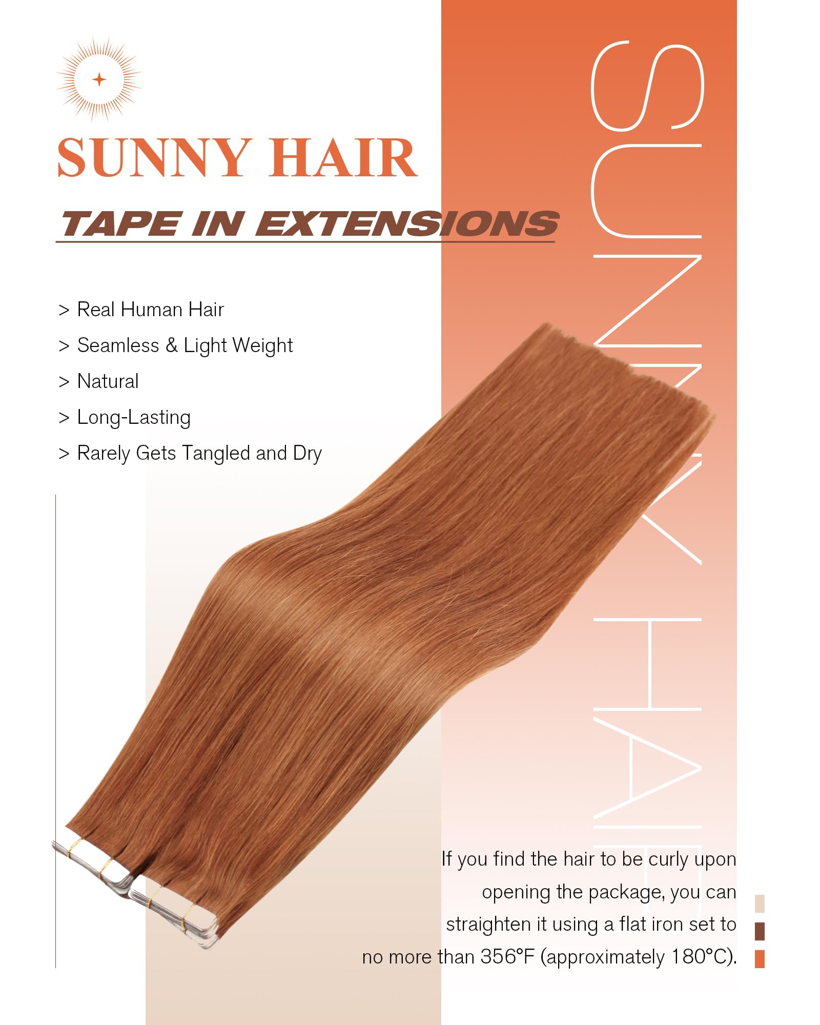 Sunny Hair Tape in Hair Extensions Real Human Hair Invisible Remy Hair Extensions Tape ins for Women Copper Red 22 inch 20Pcs 50