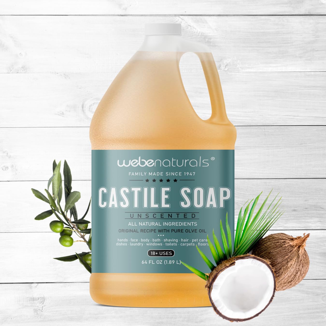 WEBE Pure Unscented Castile Liquid Soap Refill, Vegan & Gluten Free, 64 Fl Oz, For Face, Body, Dishes, Pets & Laundry