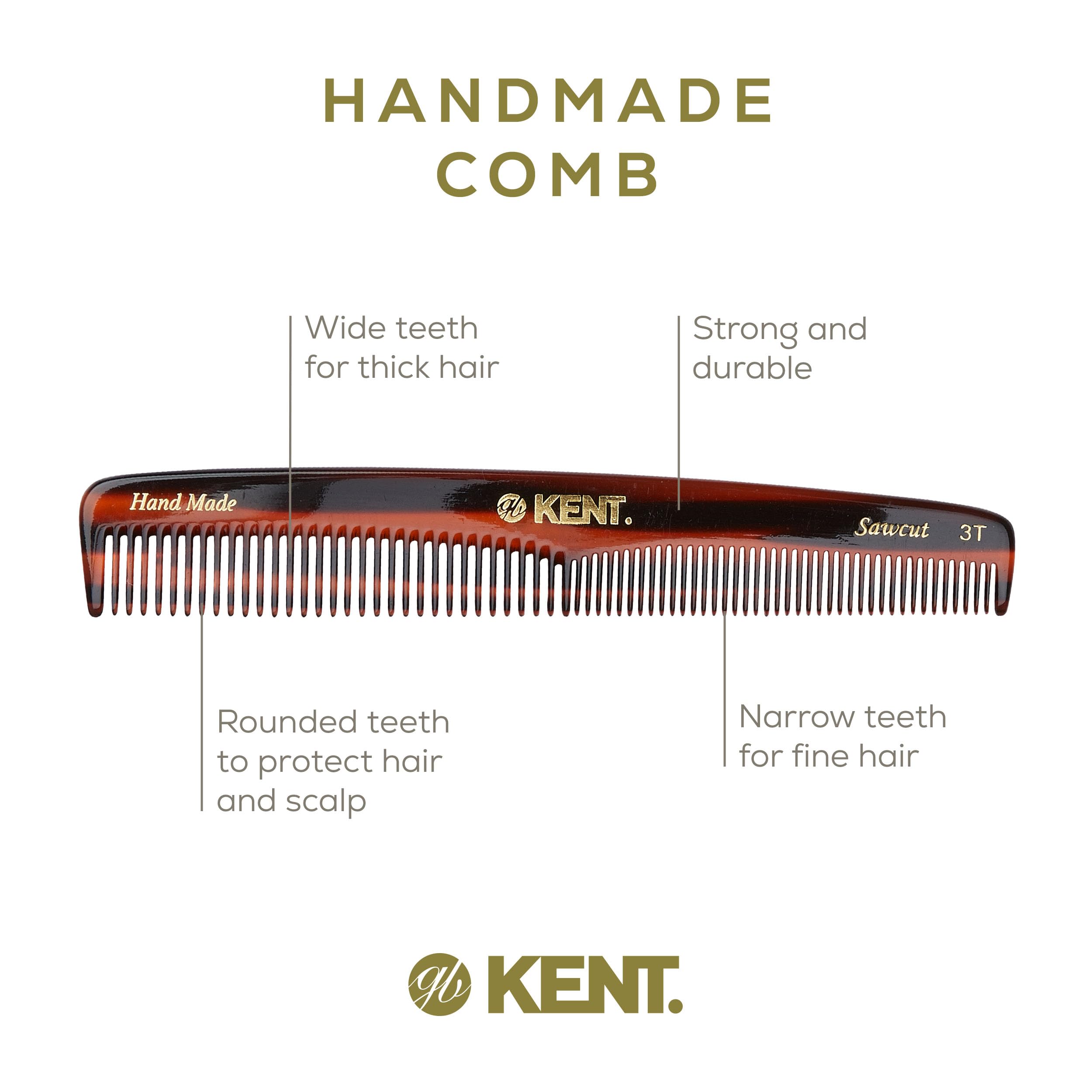 Kent 3T 6.5 Inch Double Tooth Dressing Comb, Fine and Wide Tooth Grooming Comb for Hair, Beard, Mustache and Styling for Men, Wo